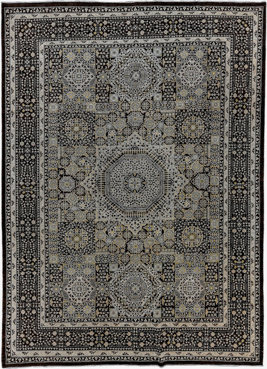 8' x 11' one-of-a-kind handmade vintage Afghan large size rug. Color palette: charcoal, ivory, gold, slate, taupe, camel