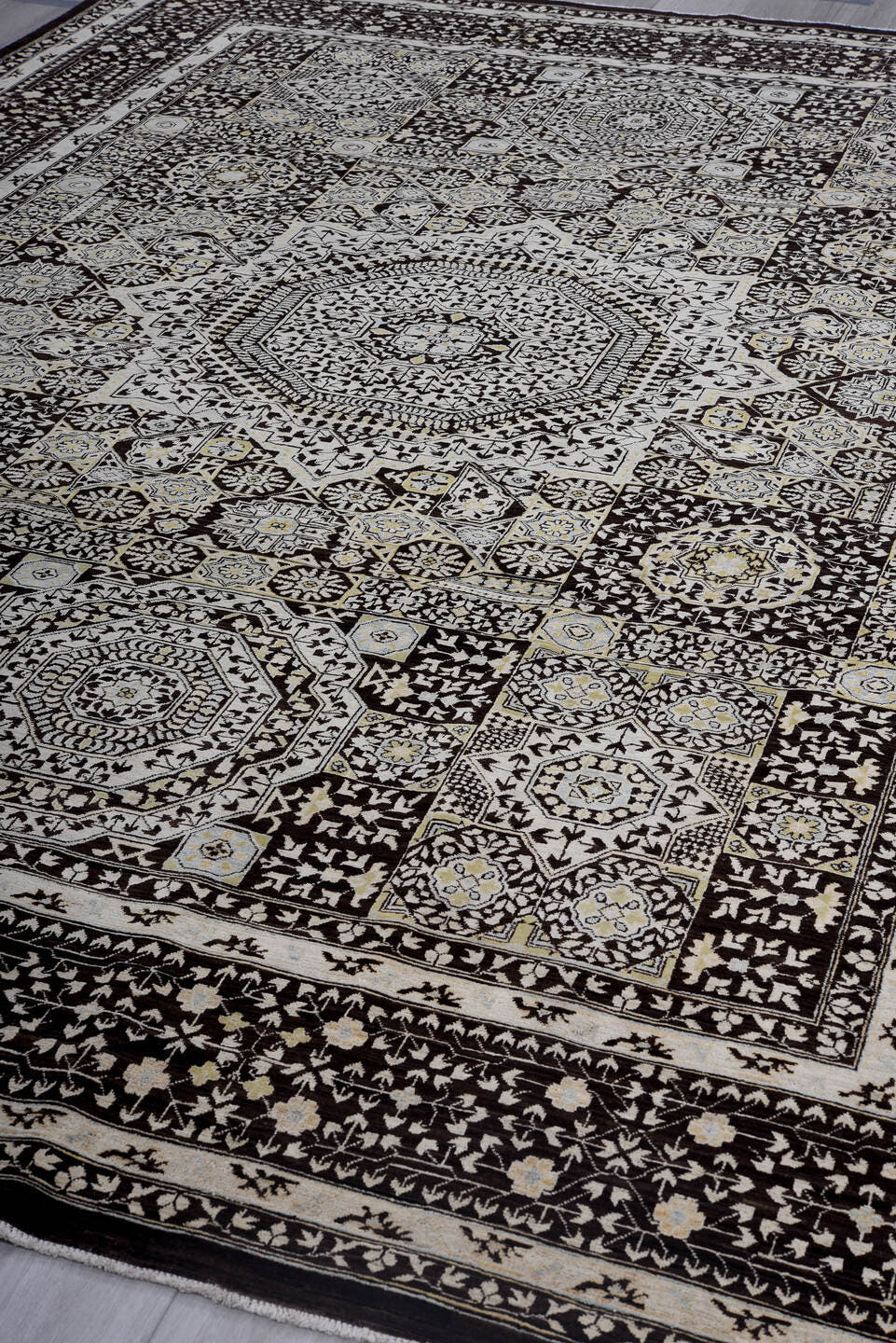 8' x 11' one-of-a-kind handmade vintage Afghan large size rug. Color palette: charcoal, ivory, gold, slate, taupe, camel