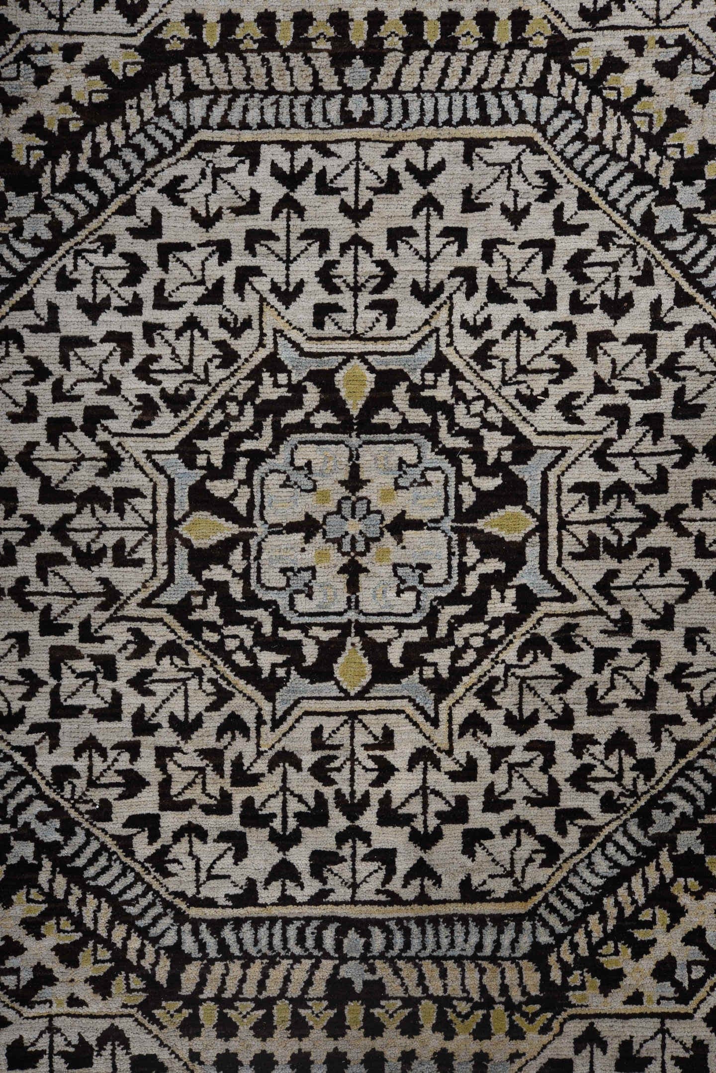 8' x 11' one-of-a-kind handmade vintage Afghan large size rug. Color palette: charcoal, ivory, gold, slate, taupe, camel