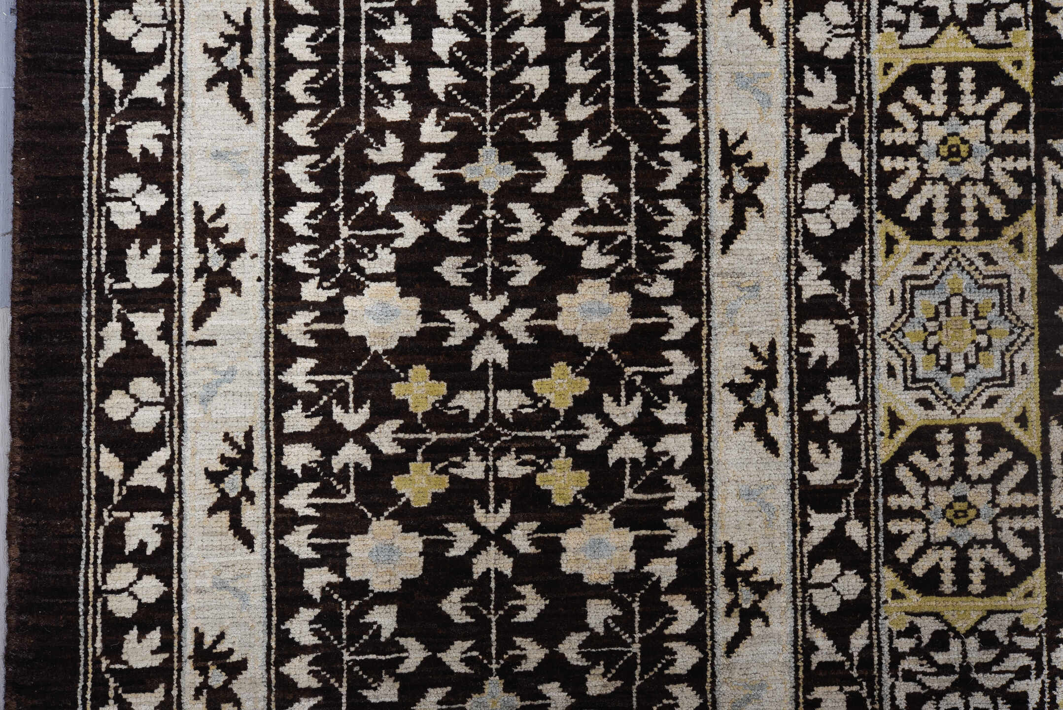 8' x 11' one-of-a-kind handmade vintage Afghan large size rug. Color palette: charcoal, ivory, gold, slate, taupe, camel