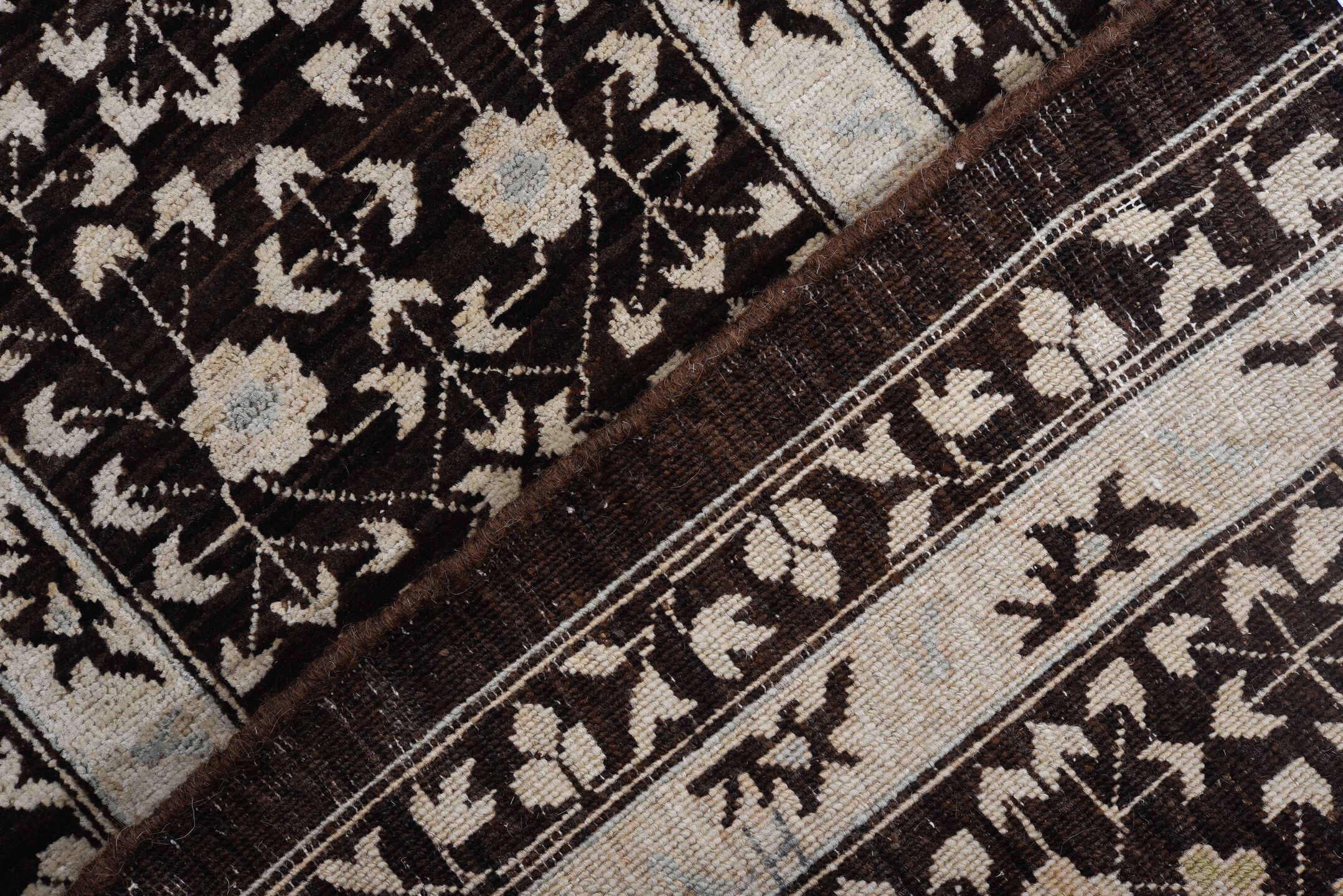 8' x 11' one-of-a-kind handmade vintage Afghan large size rug. Color palette: charcoal, ivory, gold, slate, taupe, camel