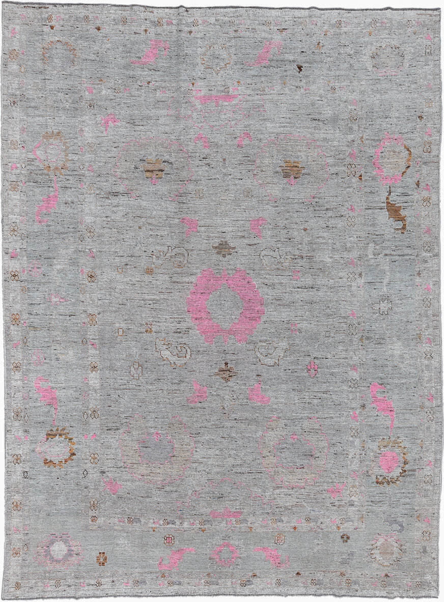 10' x 13' one-of-a-kind handmade vintage Oushak large size rug. Color palette: light gray, blush, camel, taupe, ivory, brown