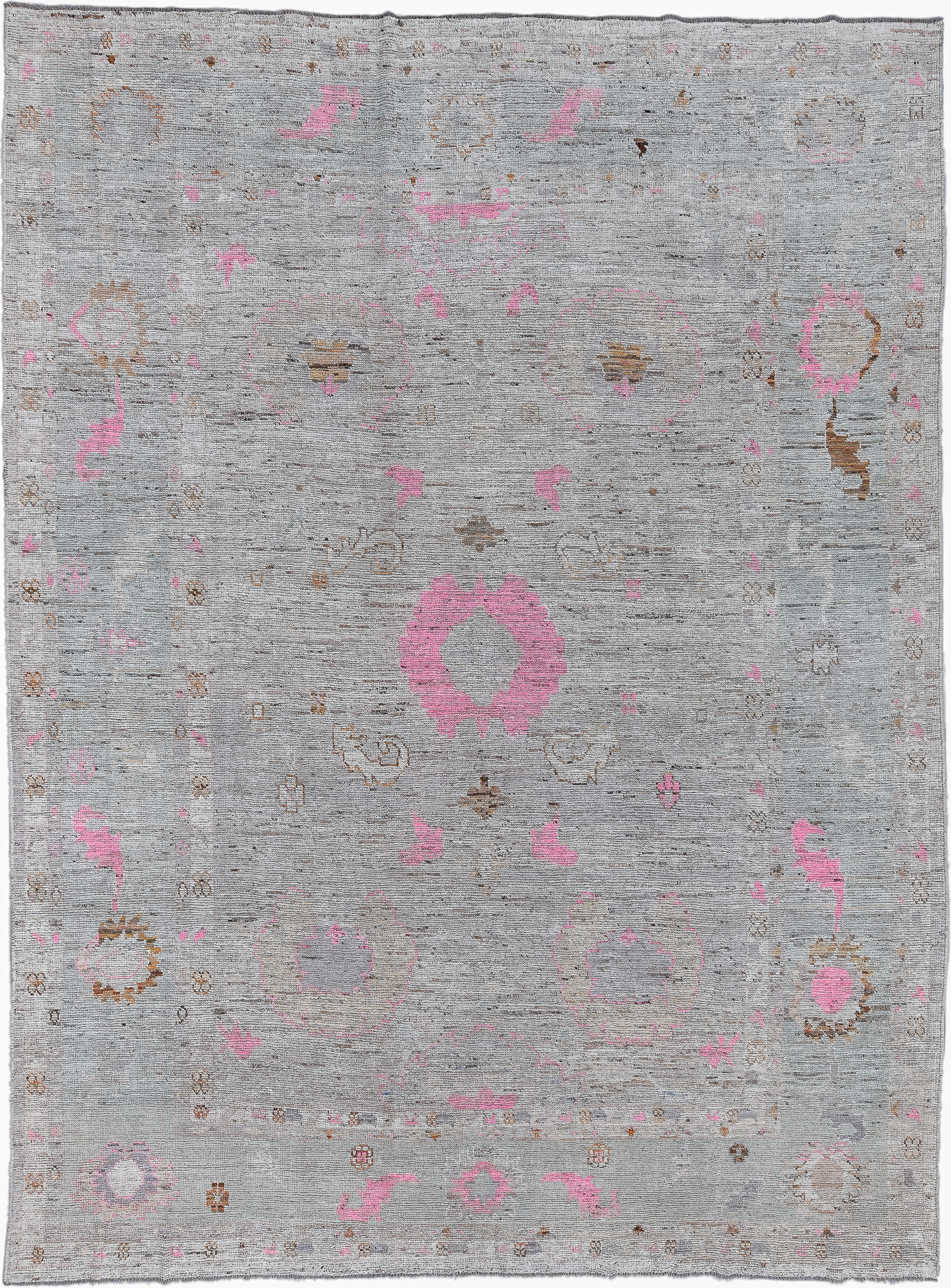 10' x 13' one-of-a-kind handmade vintage Oushak large size rug. Color palette: light gray, blush, camel, taupe, ivory, brown