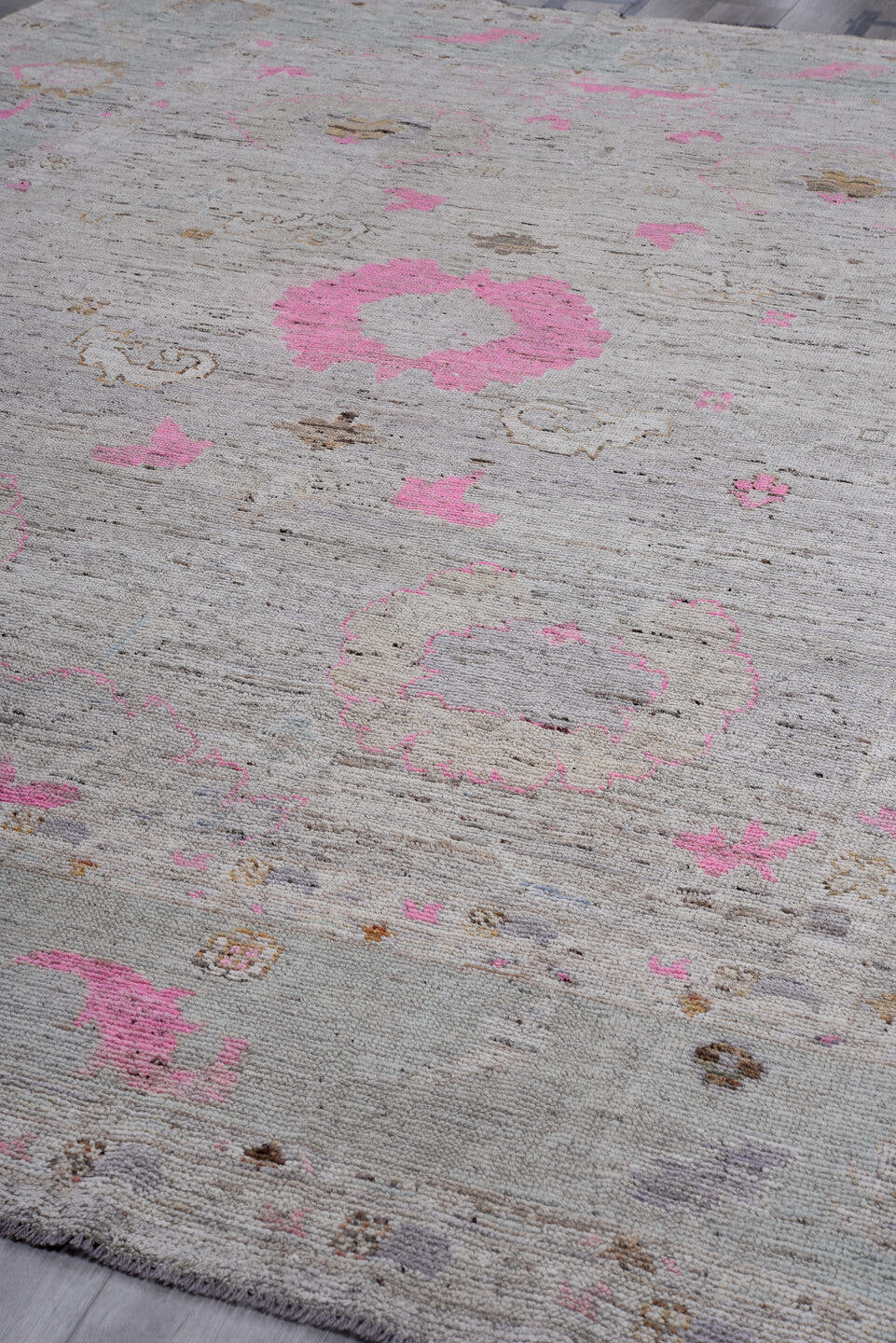10' x 13' one-of-a-kind handmade vintage Oushak large size rug. Color palette: light gray, blush, camel, taupe, ivory, brown