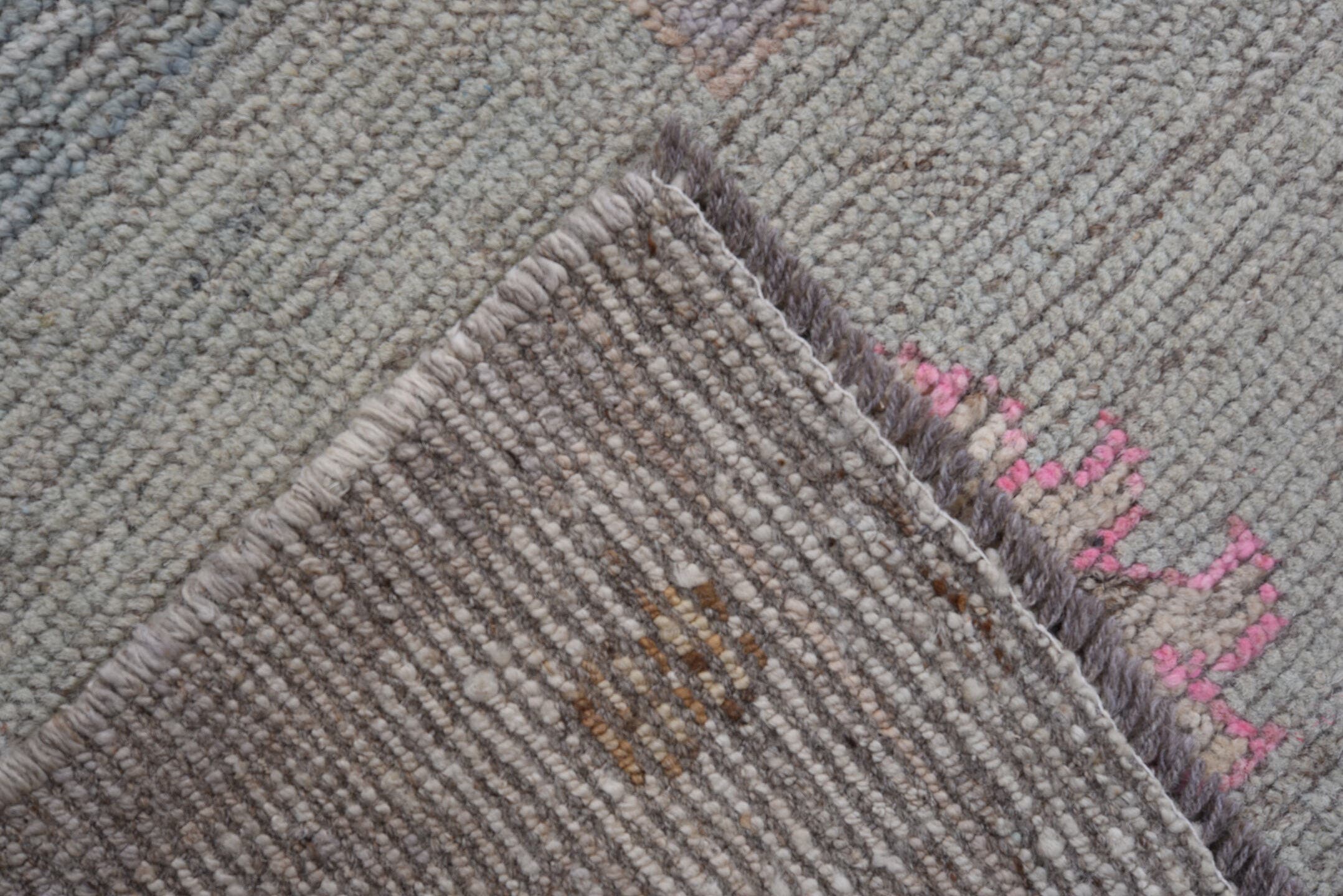 10' x 13' one-of-a-kind handmade vintage Oushak large size rug. Color palette: light gray, blush, camel, taupe, ivory, brown