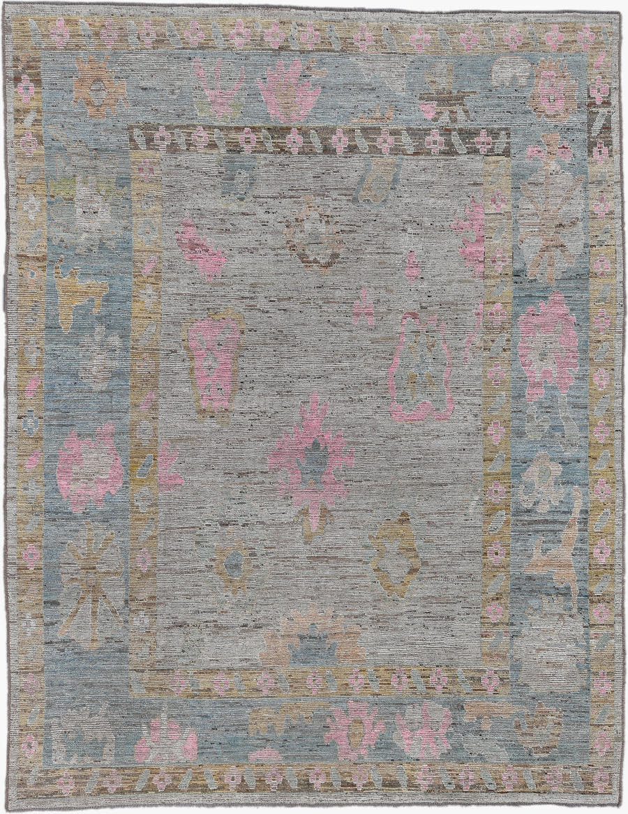 10' x 13' one-of-a-kind handmade vintage Oushak oversize rug. Color palette: gray, pale blue, blush, taupe, sand, ivory
