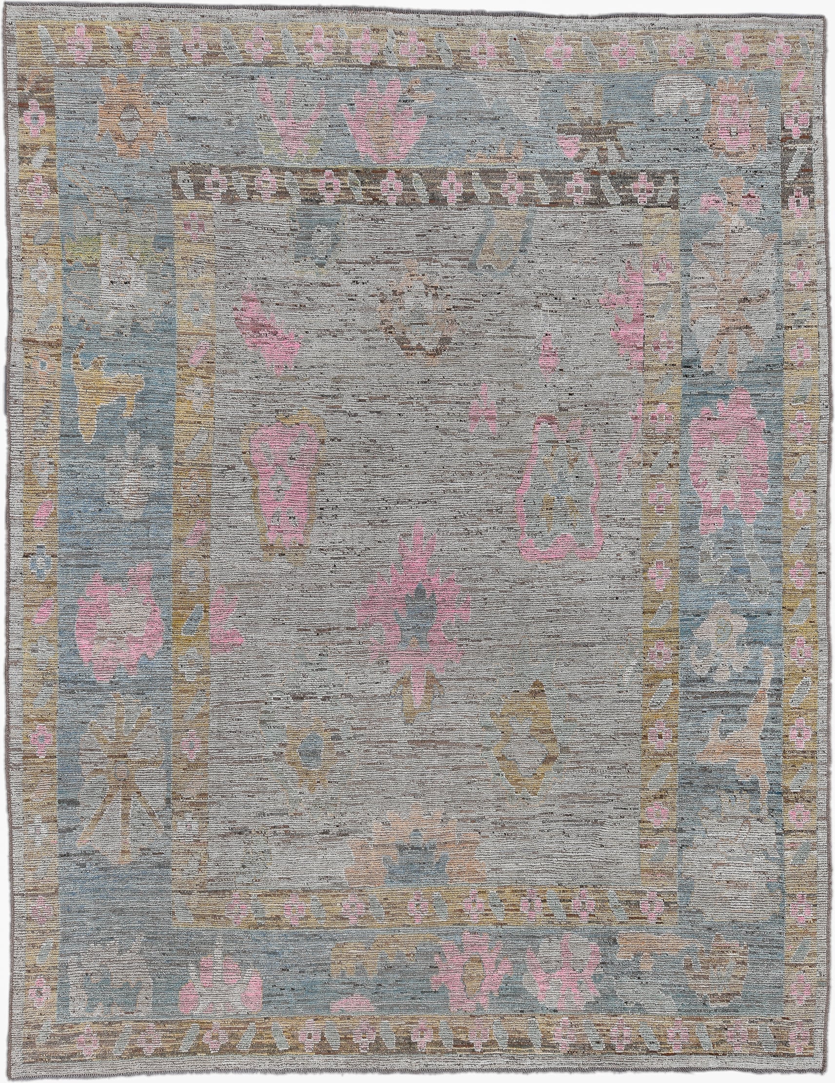 10' x 13' one-of-a-kind handmade vintage Oushak oversize rug. Color palette: gray, pale blue, blush, taupe, sand, ivory