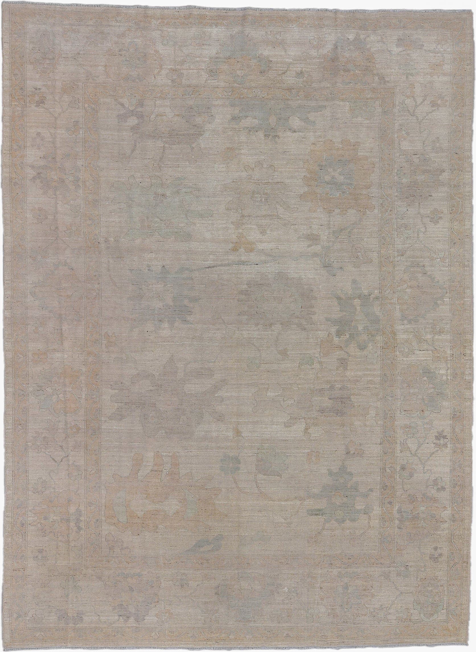 10' x 13' one-of-a-kind handmade vintage Tulu large size rug. Color palette: beige, ivory, taupe, sage, pale blue, sand