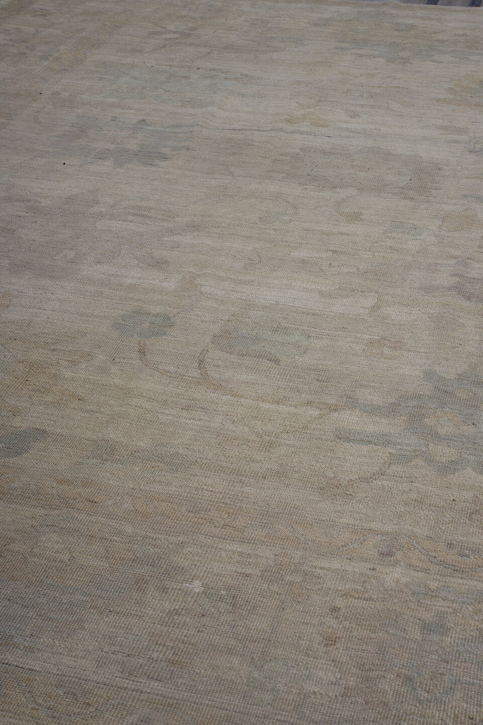 10' x 13' one-of-a-kind handmade vintage Tulu large size rug. Color palette: beige, ivory, taupe, sage, pale blue, sand