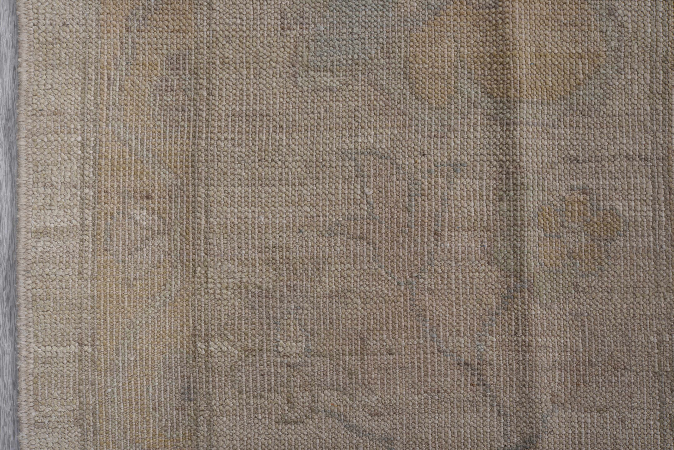 10' x 13' one-of-a-kind handmade vintage Tulu large size rug. Color palette: beige, ivory, taupe, sage, pale blue, sand