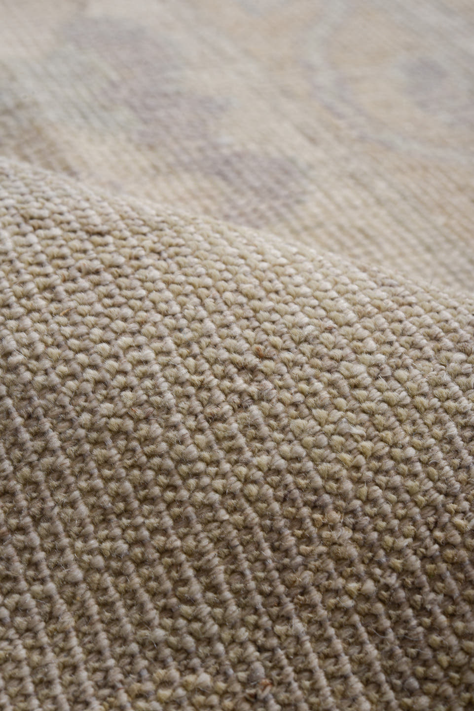 10' x 13' one-of-a-kind handmade vintage Tulu large size rug. Color palette: beige, ivory, taupe, sage, pale blue, sand
