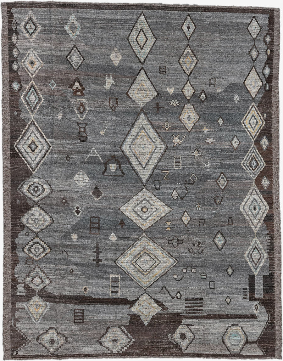 9' x 11' one-of-a-kind handmade vintage Tulu large size rug. Color palette: gray, charcoal, ivory, taupe, brown, pale blue
