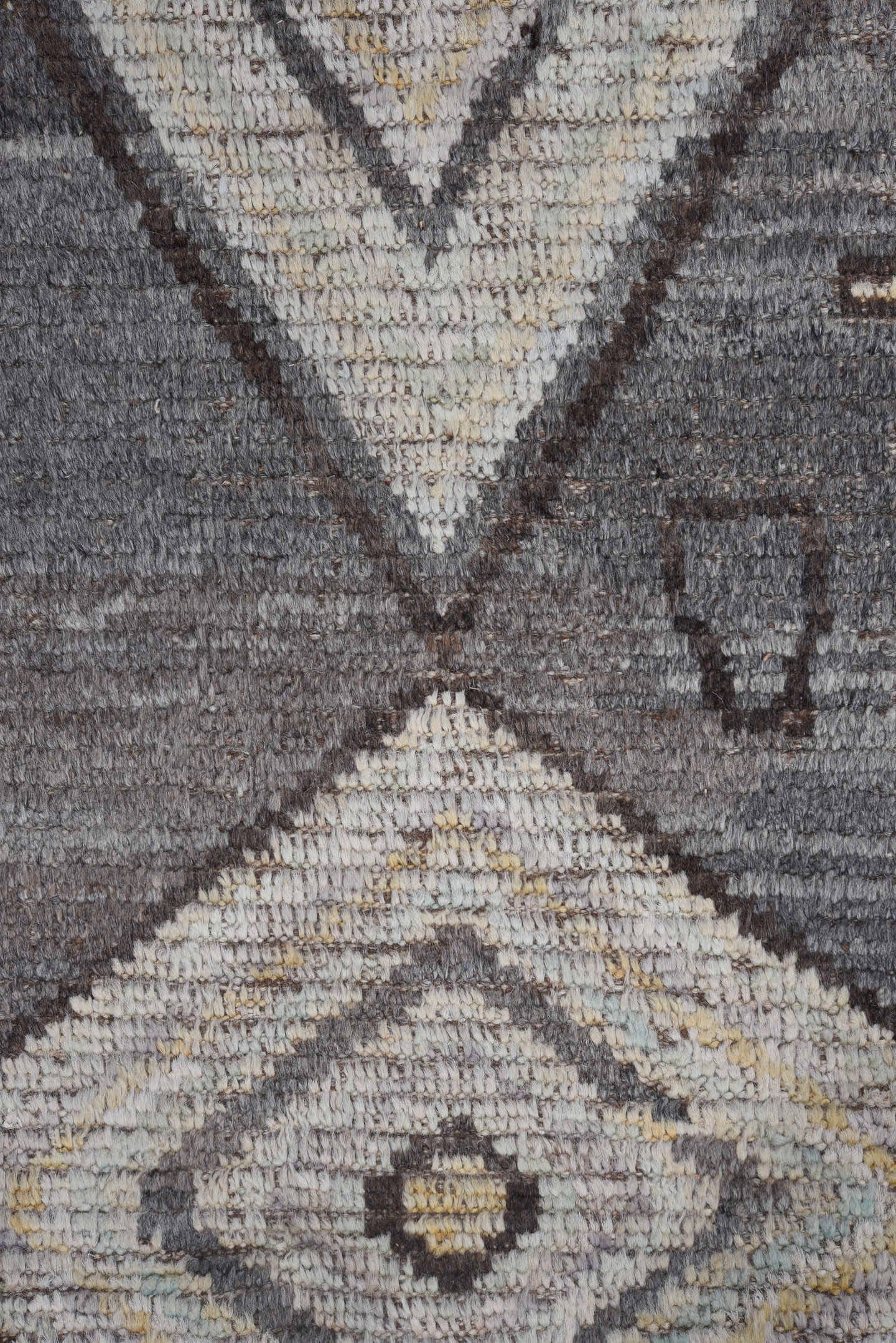 9' x 11' one-of-a-kind handmade vintage Tulu large size rug. Color palette: gray, charcoal, ivory, taupe, brown, pale blue