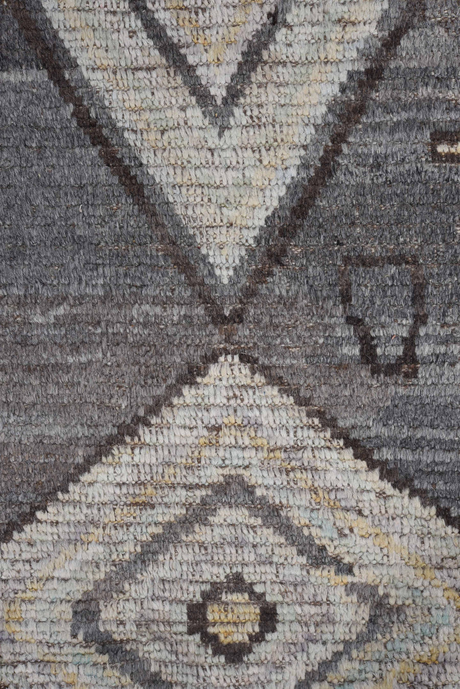 9' x 11' one-of-a-kind handmade vintage Tulu large size rug. Color palette: gray, charcoal, ivory, taupe, brown, pale blue