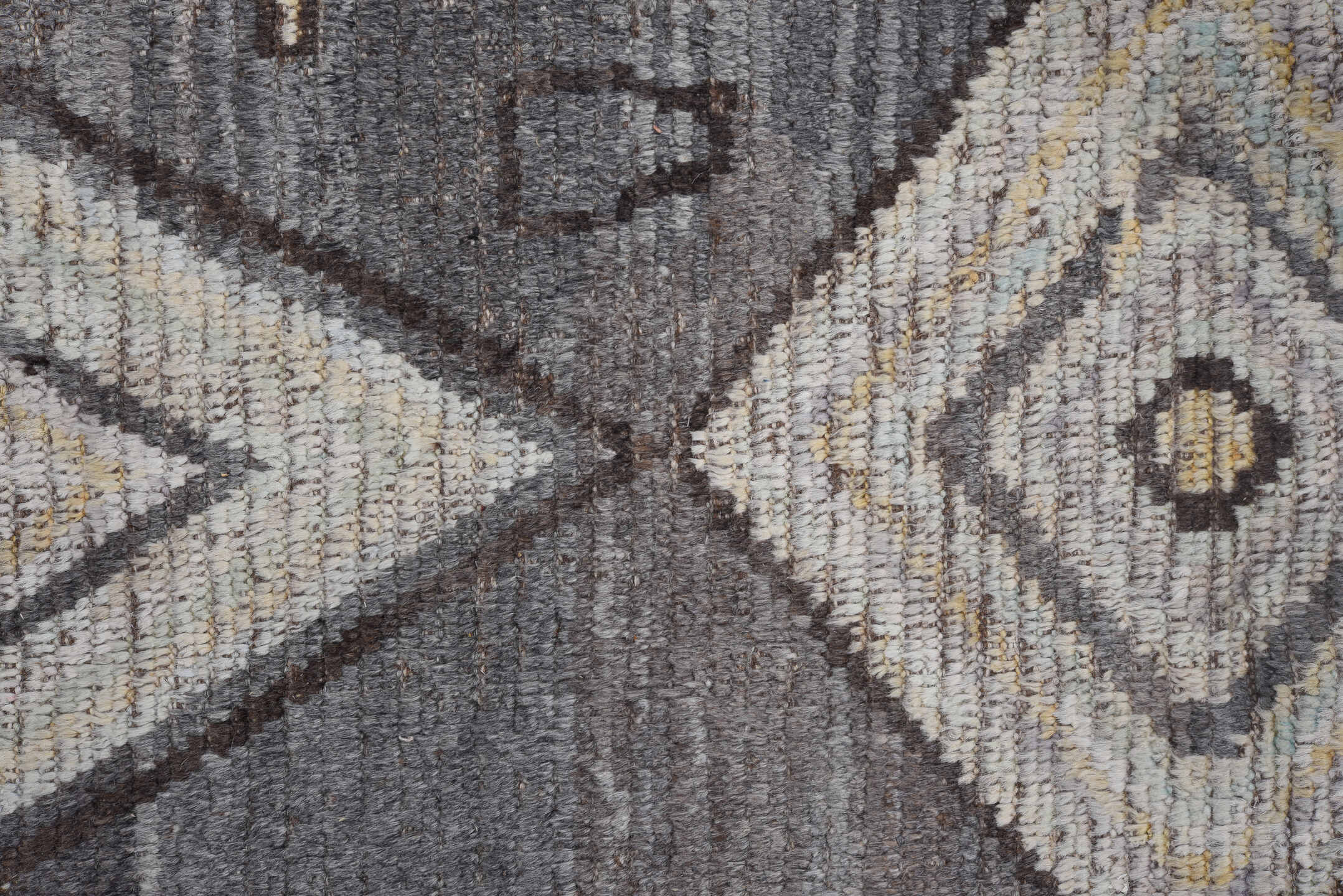 9' x 11' one-of-a-kind handmade vintage Tulu large size rug. Color palette: black, blue, brown, charcoal, dark gray