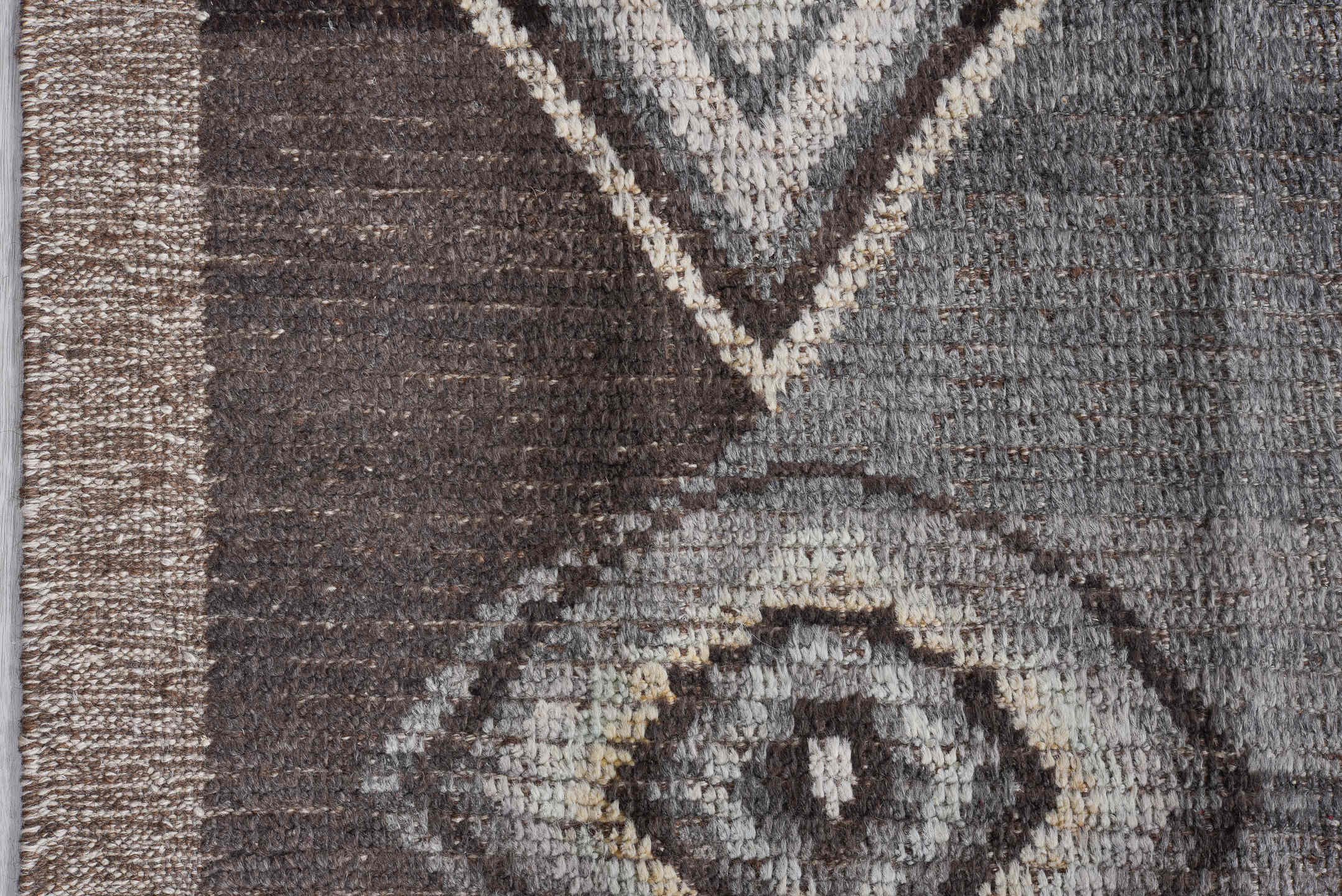 9' x 11' one-of-a-kind handmade vintage Tulu large size rug. Color palette: gray, charcoal, ivory, taupe, brown, pale blue