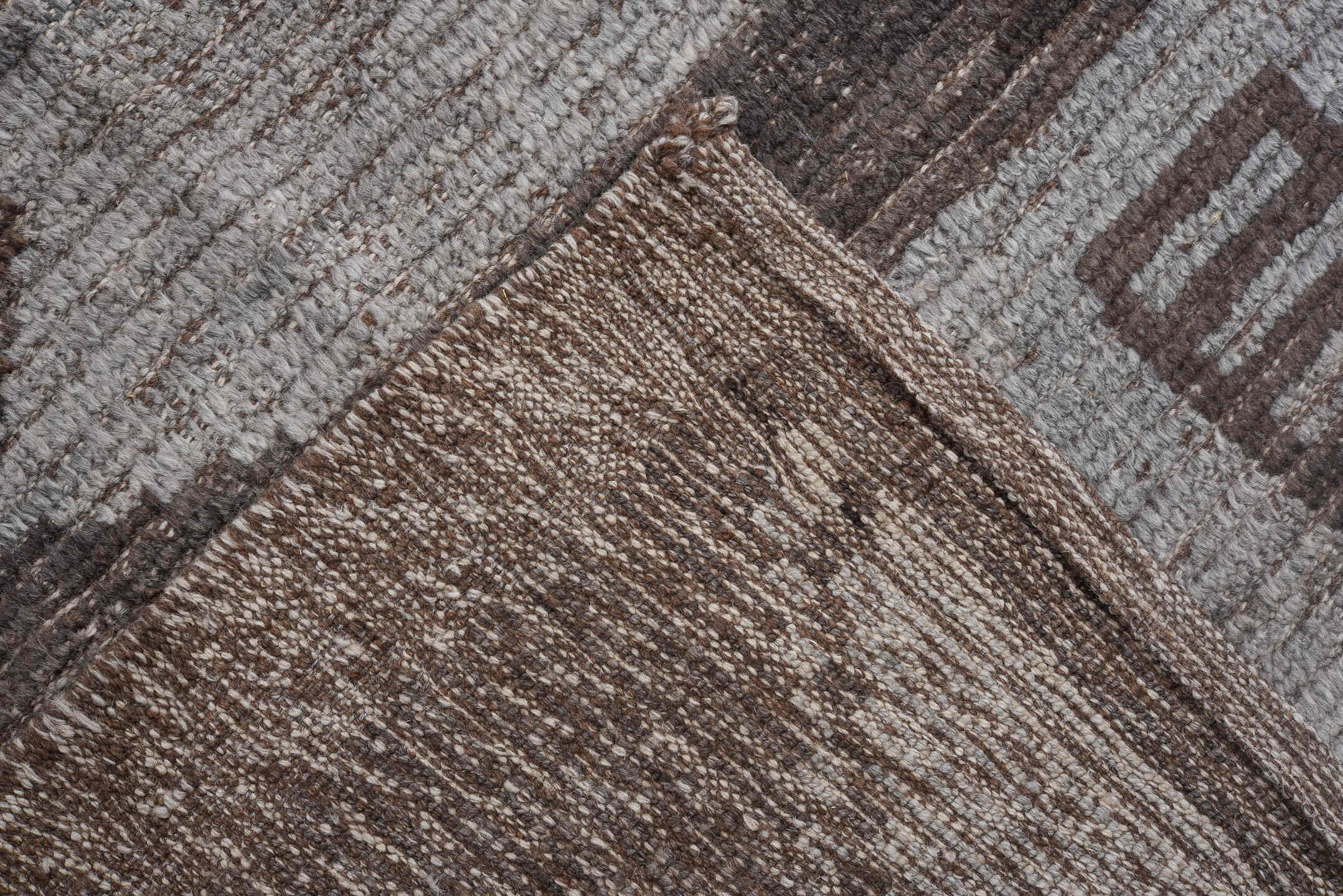 9' x 11' one-of-a-kind handmade vintage Tulu large size rug. Color palette: gray, charcoal, ivory, taupe, brown, pale blue