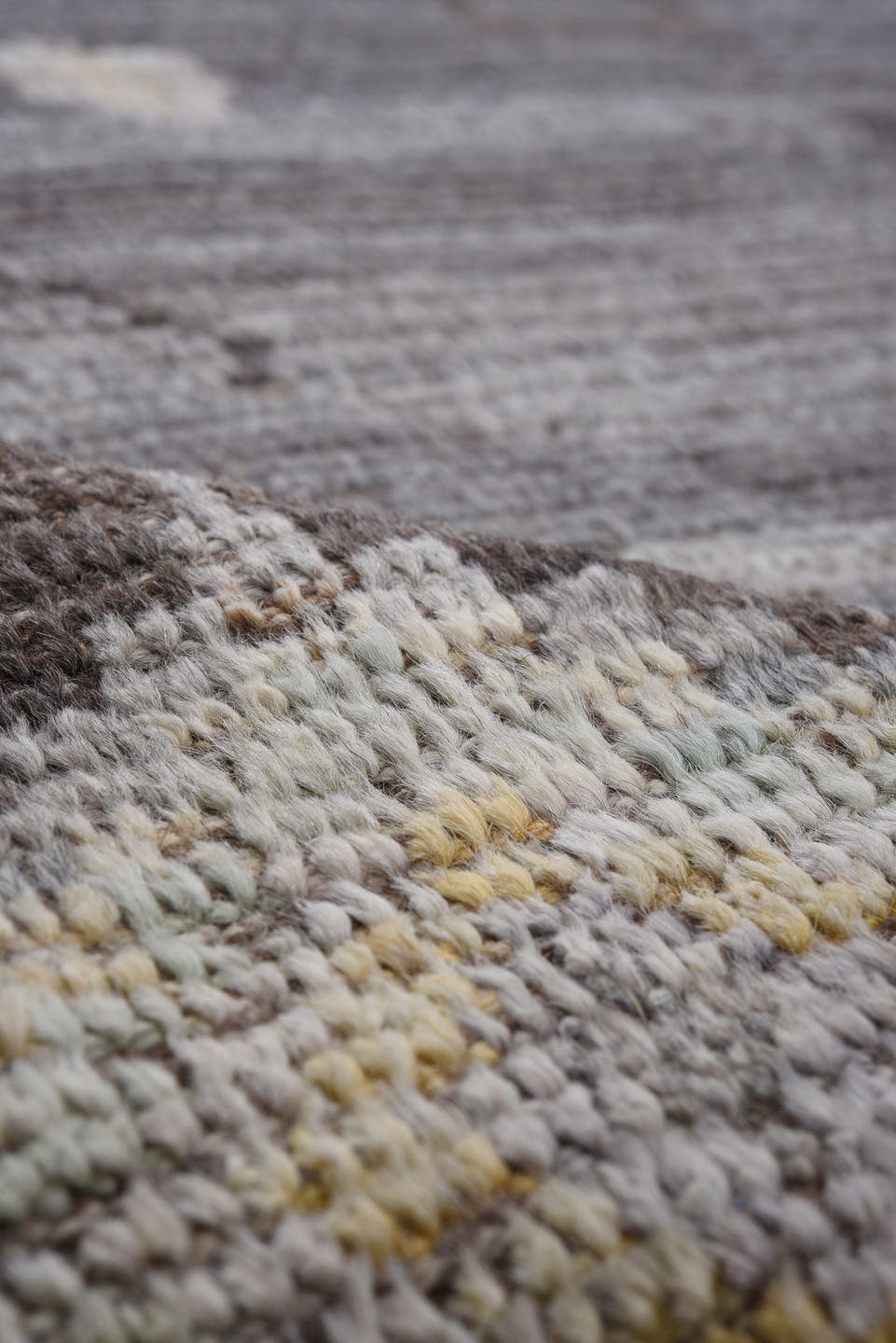 9' x 11' one-of-a-kind handmade vintage Tulu large size rug. Color palette: gray, charcoal, ivory, taupe, brown, pale blue