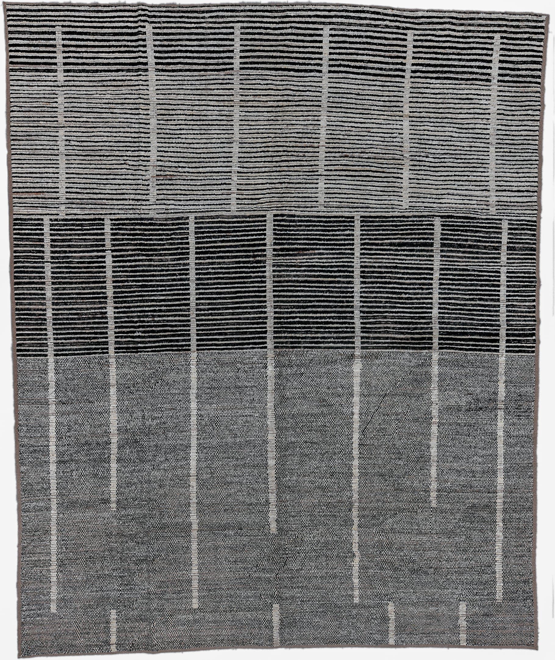 11' x 14' one-of-a-kind handmade vintage Tulu oversize rug. Color palette: gray, charcoal, ivory, black
