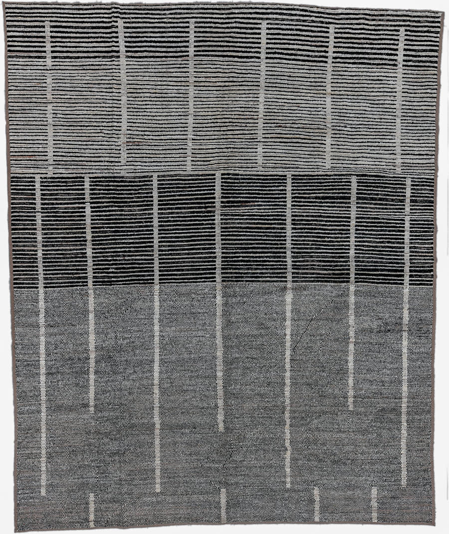 11' x 14' one-of-a-kind handmade vintage Tulu oversize rug. Color palette: gray, charcoal, ivory, black