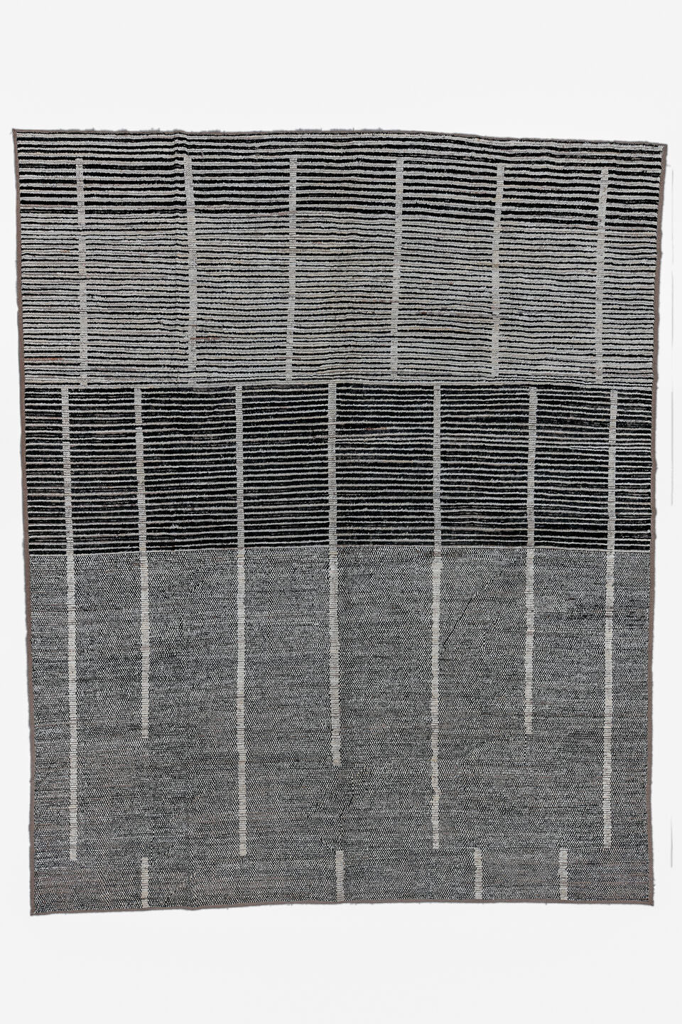 11' x 14' one-of-a-kind handmade vintage Tulu oversize rug. Color palette: black, charcoal, dark gray, dim gray, gainsboro