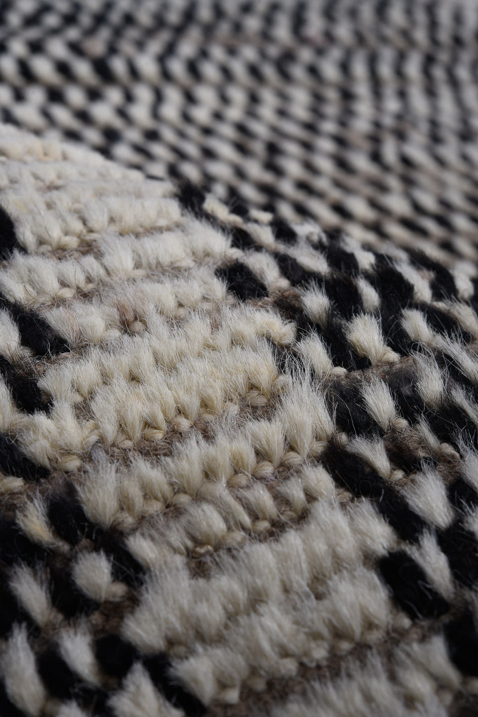 11' x 14' one-of-a-kind handmade vintage Tulu oversize rug. Color palette: gray, charcoal, ivory, black