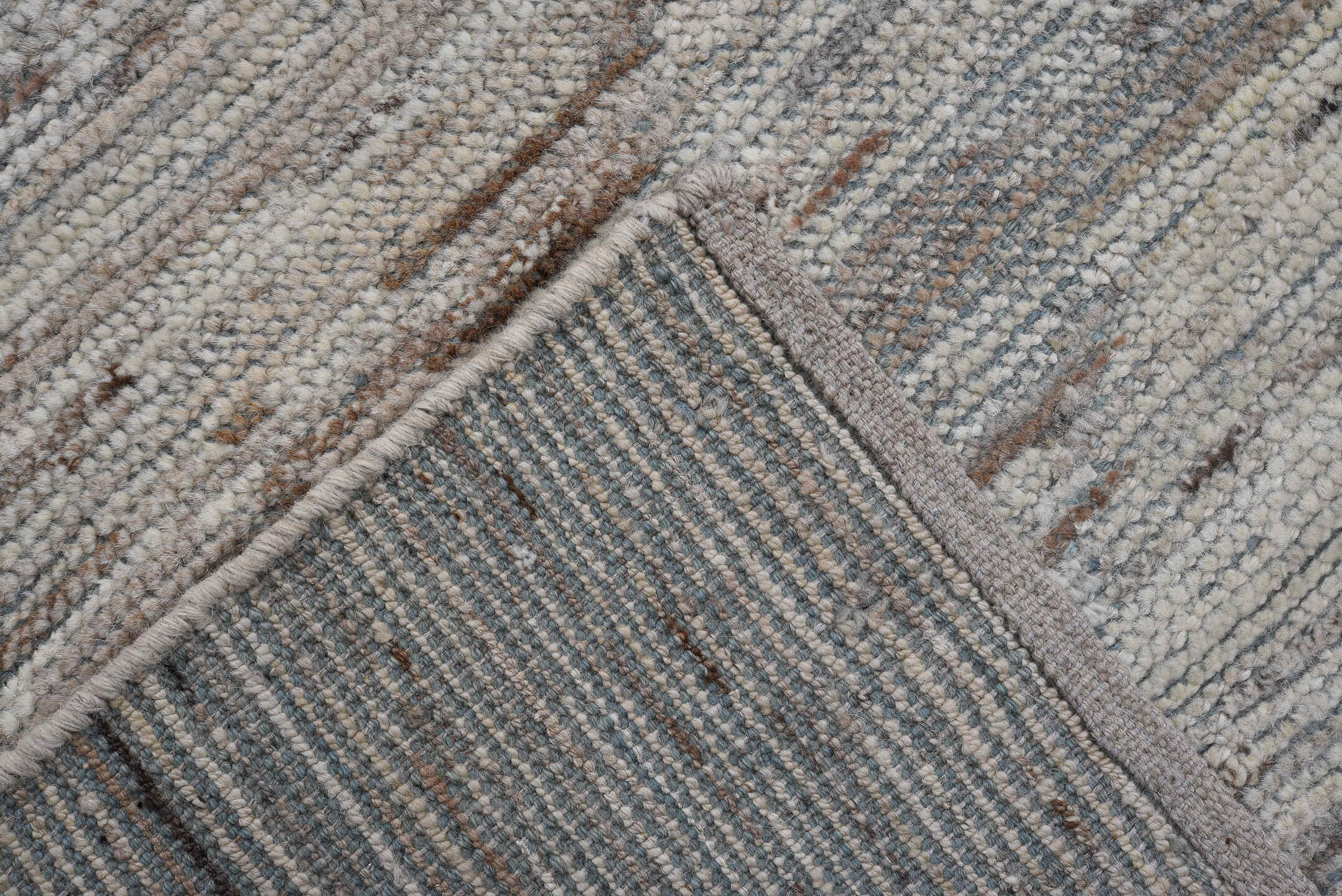 8' x 12' one-of-a-kind handmade vintage Tulu large size rug. Color palette: ivory, taupe, brown, gray, camel, beige