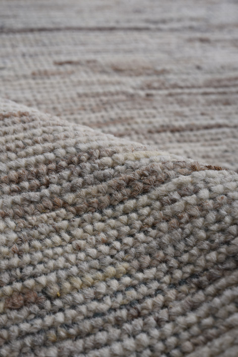 8' x 12' one-of-a-kind handmade vintage Tulu large size rug. Color palette: ivory, taupe, brown, gray, camel, beige