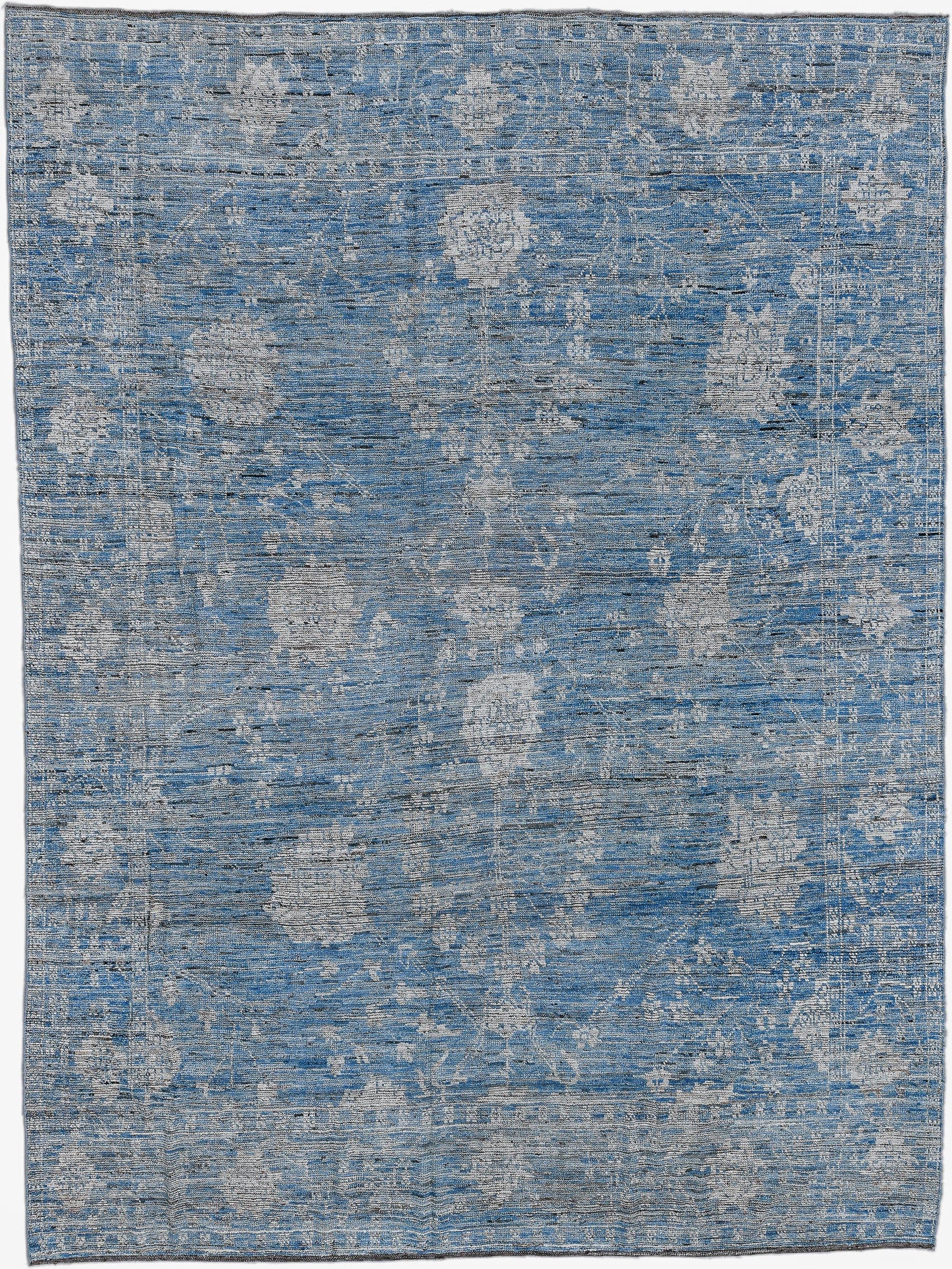9' x 13' one-of-a-kind handmade vintage Oushak large size rug. Color palette: sky blue, ivory, slate, silver, charcoal