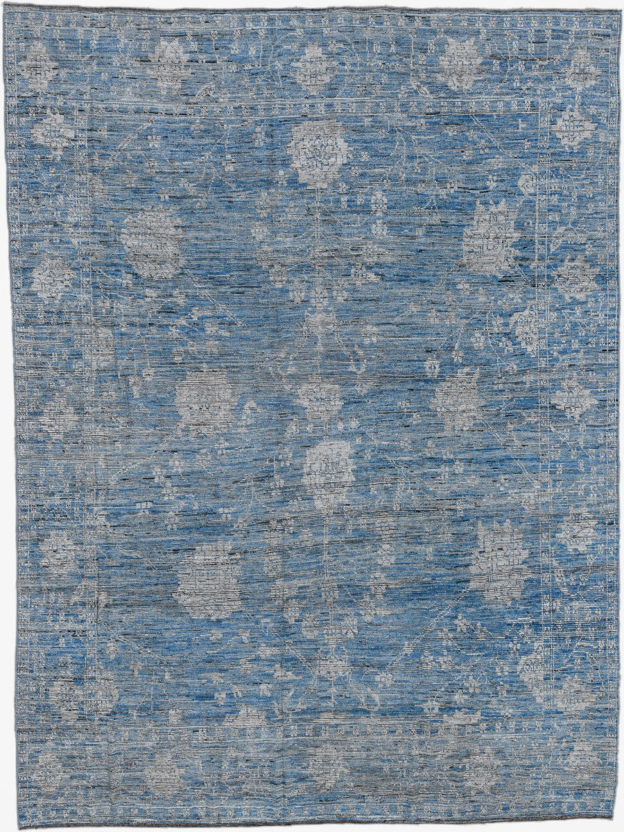 9' x 13' one-of-a-kind handmade vintage Oushak large size rug. Color palette: sky blue, ivory, slate, silver, charcoal