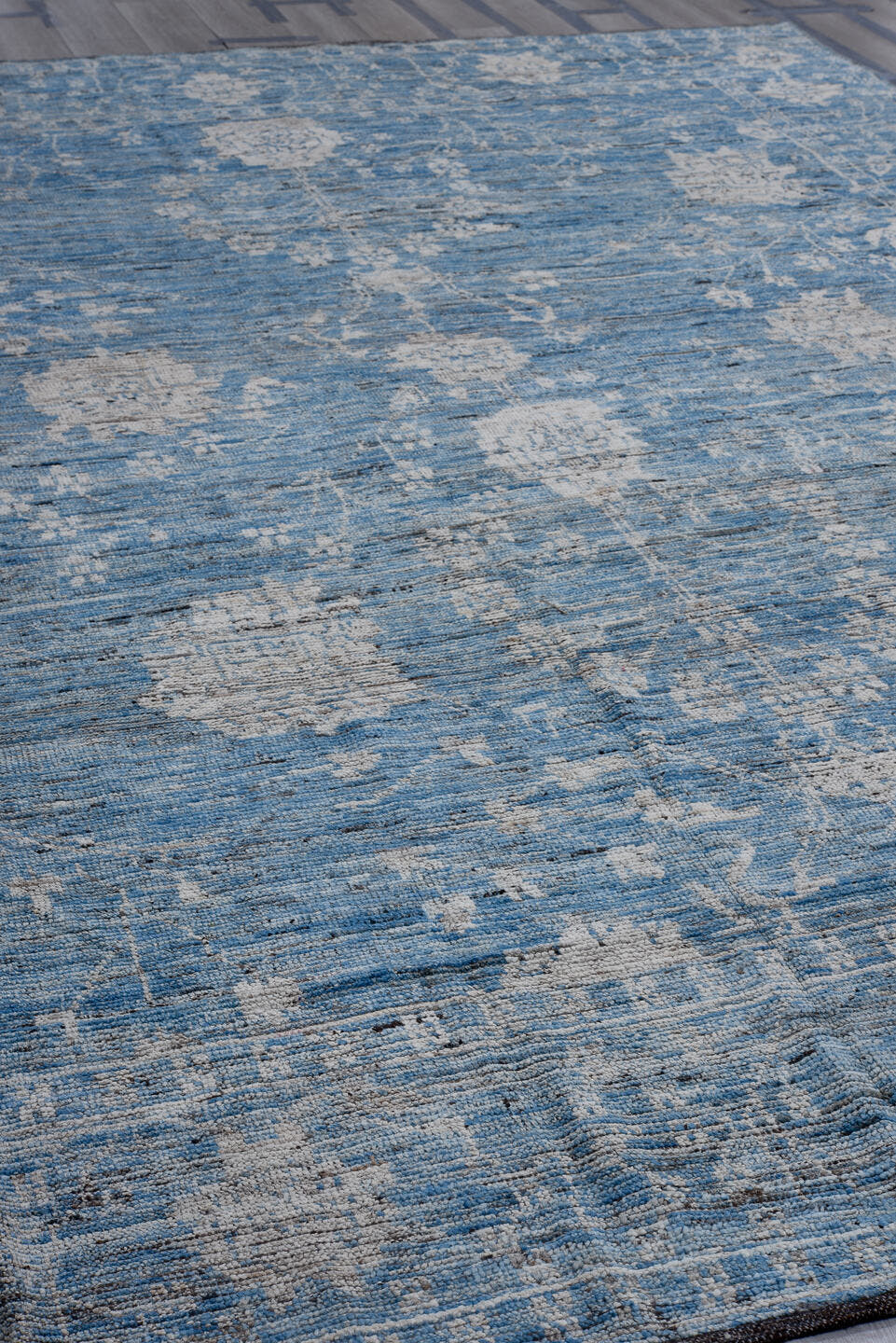 9' x 13' one-of-a-kind handmade vintage Oushak large size rug. Color palette: sky blue, ivory, slate, silver, charcoal