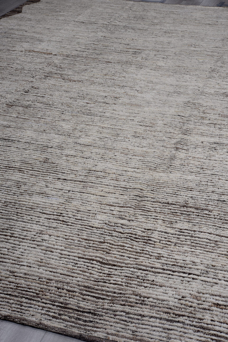 10' x 13' one-of-a-kind handmade vintage Tulu large size rug. Color palette: ivory, taupe, charcoal, brown, gray, beige