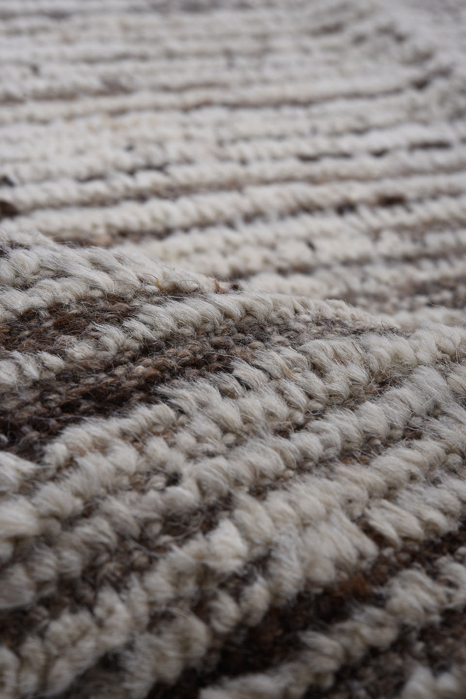 10' x 13' one-of-a-kind handmade vintage Tulu large size rug. Color palette: ivory, taupe, charcoal, brown, gray, beige