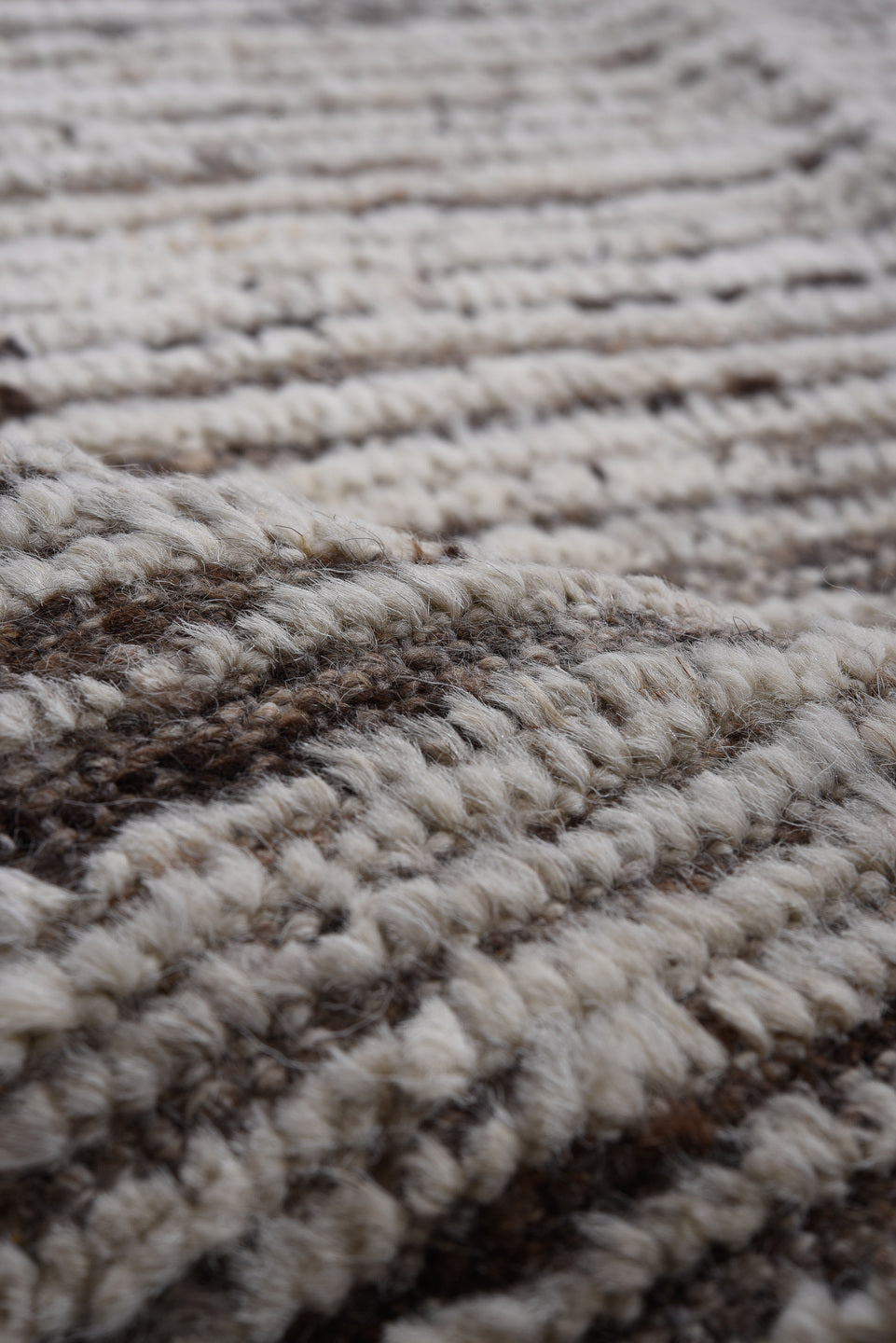 10' x 13' one-of-a-kind handmade vintage Tulu large size rug. Color palette: ivory, taupe, charcoal, brown, gray, beige
