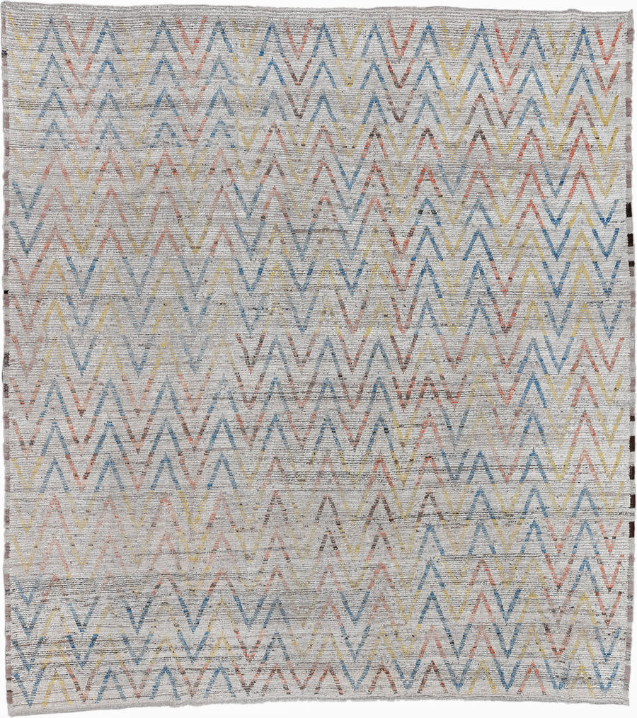 13' x 14' one-of-a-kind handmade vintage Tulu oversize rug. Color palette: ivory, sky blue, coral, yellow, taupe, brown