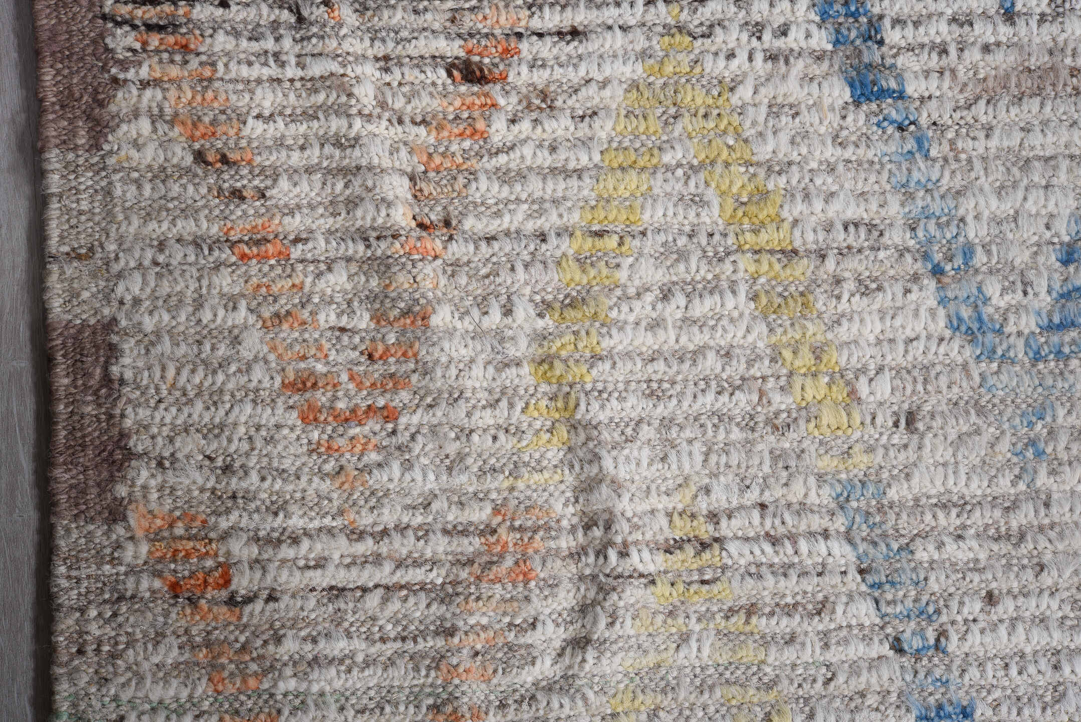13' x 14' one-of-a-kind handmade vintage Tulu oversize rug. Color palette: ivory, sky blue, coral, yellow, taupe, brown