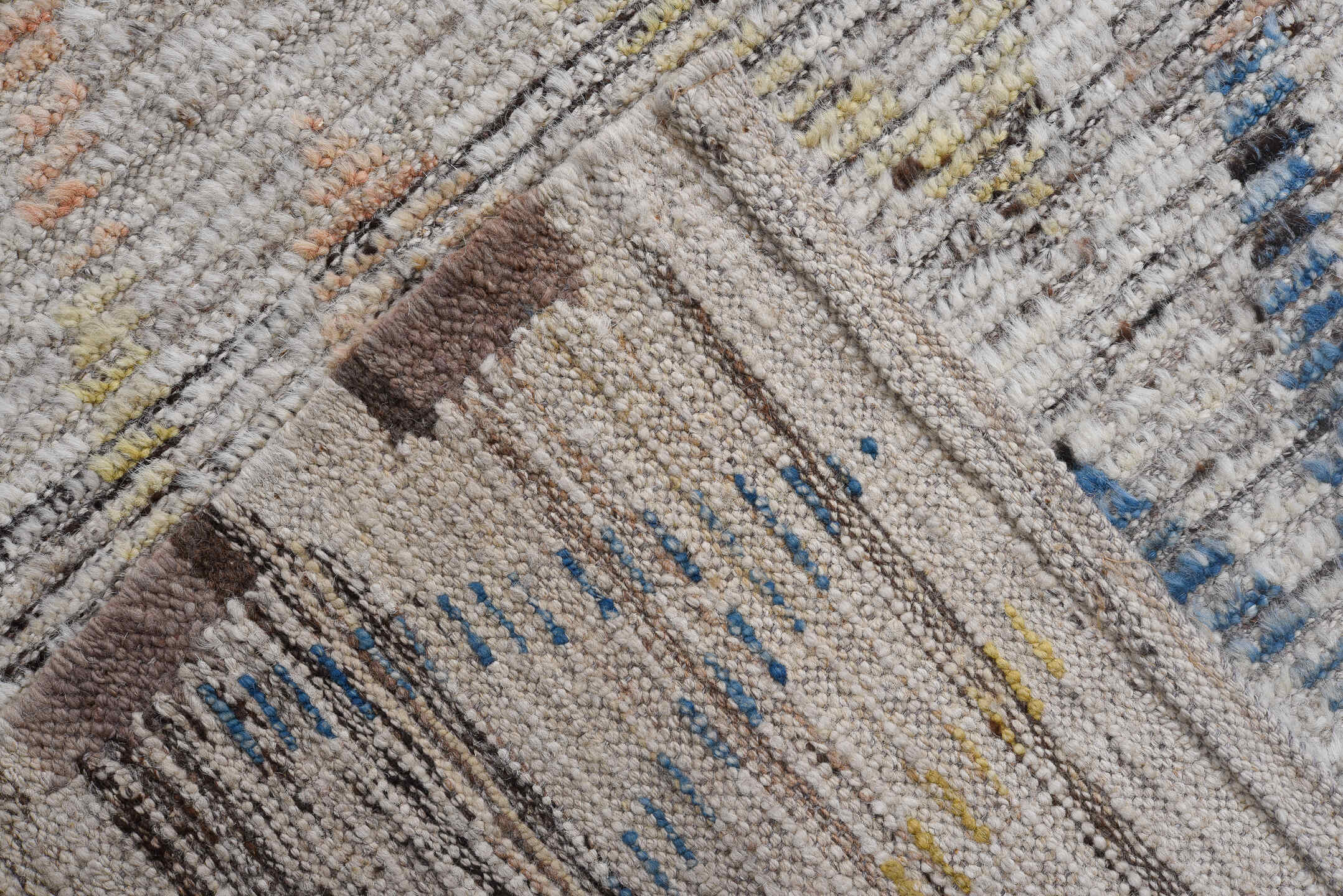 13' x 14' one-of-a-kind handmade vintage Tulu oversize rug. Color palette: ivory, sky blue, coral, yellow, taupe, brown