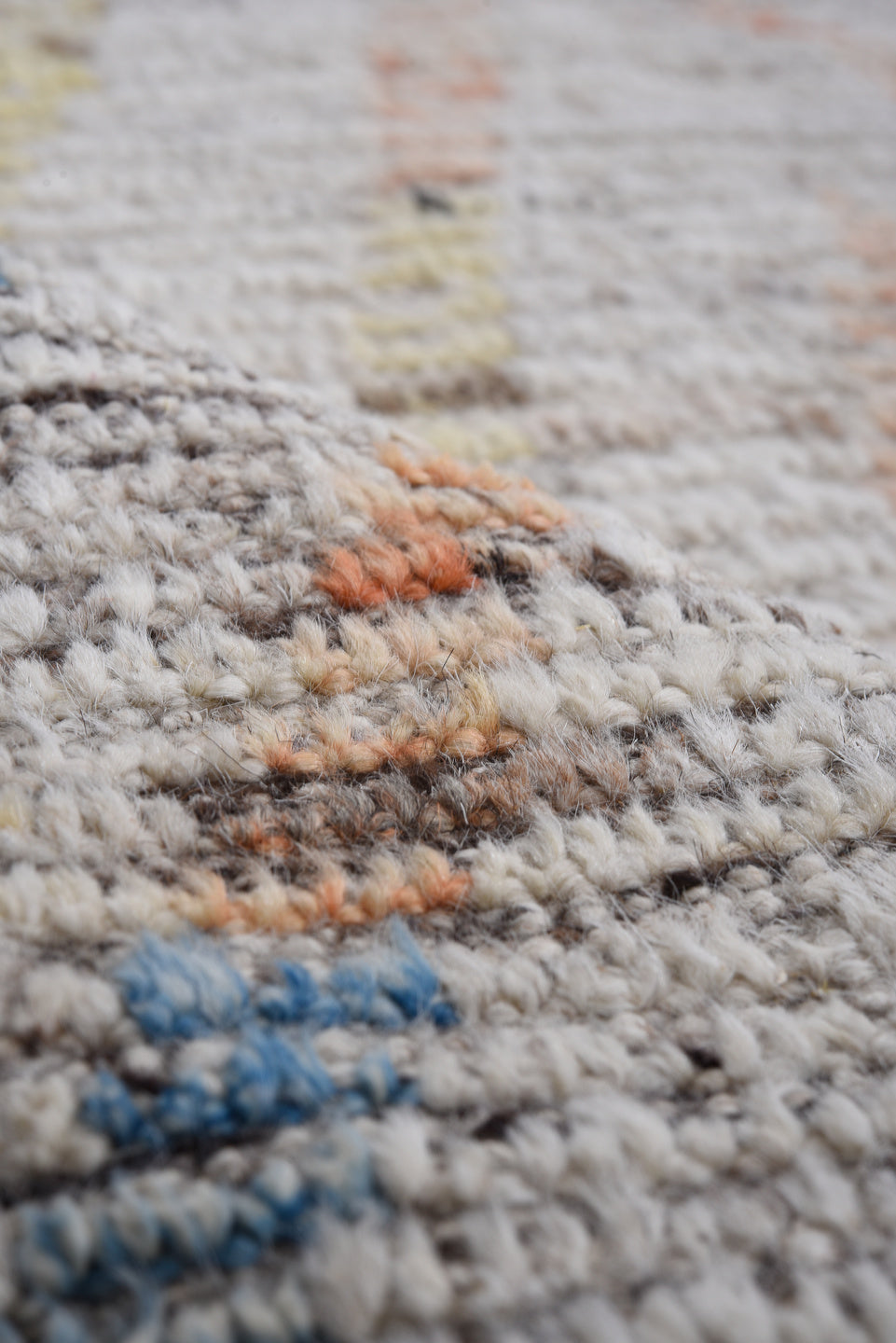 13' x 14' one-of-a-kind handmade vintage Tulu oversize rug. Color palette: ivory, sky blue, coral, yellow, taupe, brown