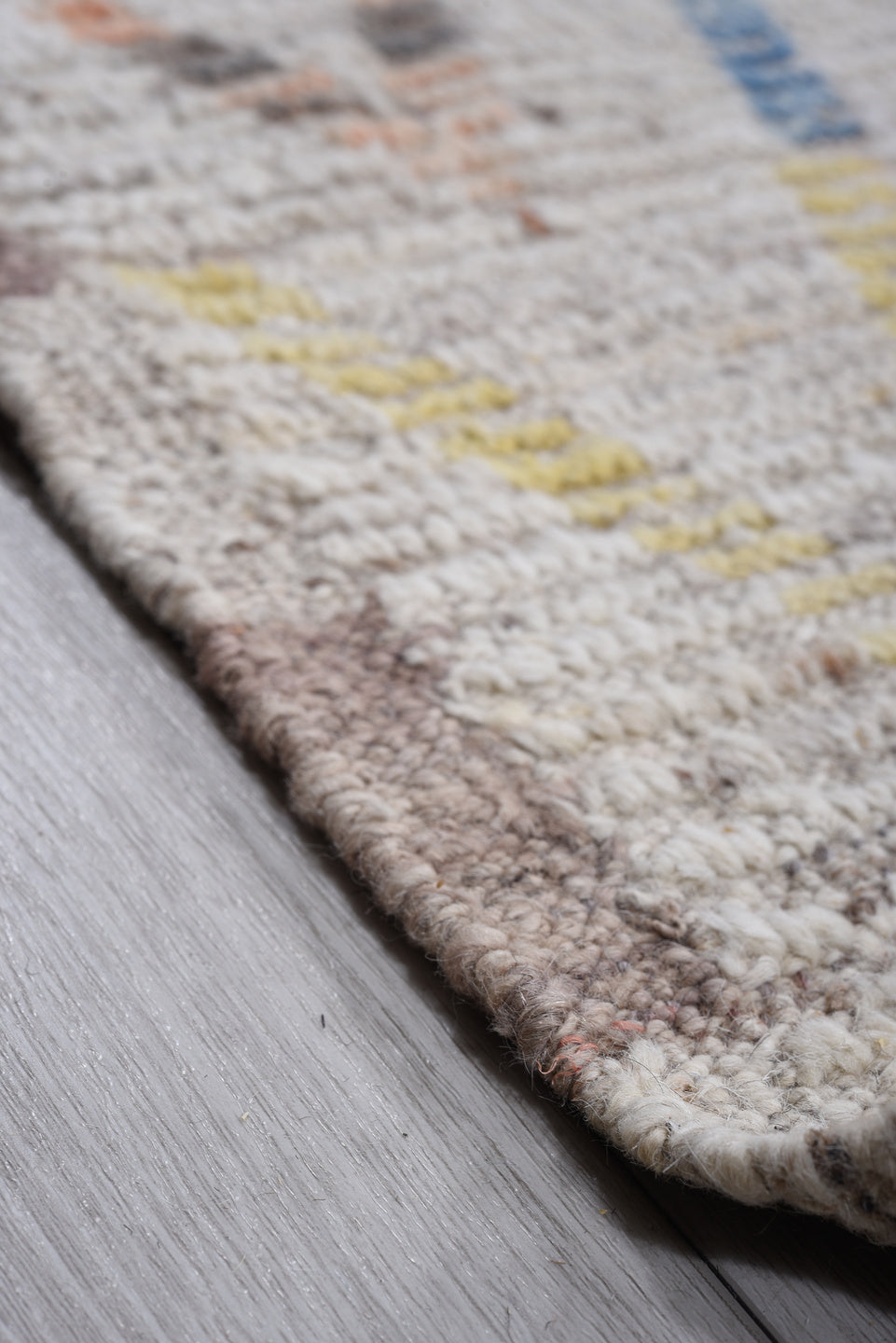 13' x 14' one-of-a-kind handmade vintage Tulu oversize rug. Color palette: ivory, sky blue, coral, yellow, taupe, brown