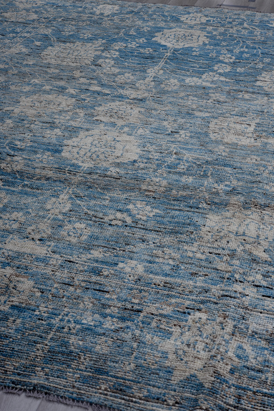 8' x 11' one-of-a-kind handmade vintage Tulu large size rug. Color palette: sky blue, ivory, slate, silver, charcoal