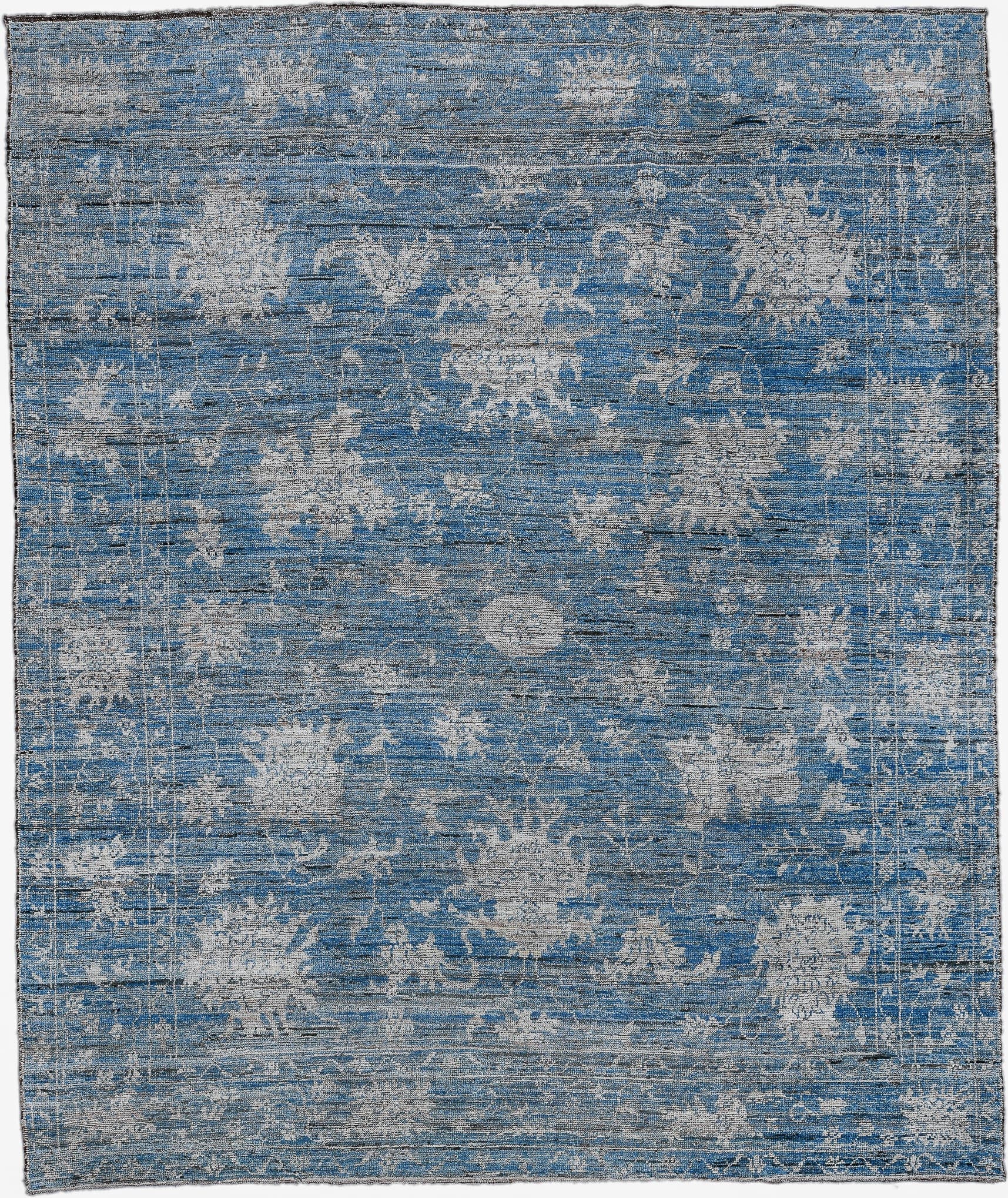 9' x 11' one-of-a-kind handmade vintage Oushak large size rug. Color palette: blue, ivory, slate, charcoal, gray, black