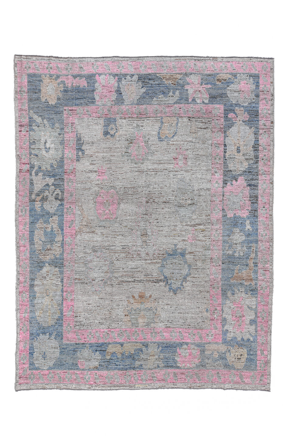 10' x 13' one-of-a-kind handmade vintage Oushak large size rug. Color palette: gray, light gray, pink, off-white, blue