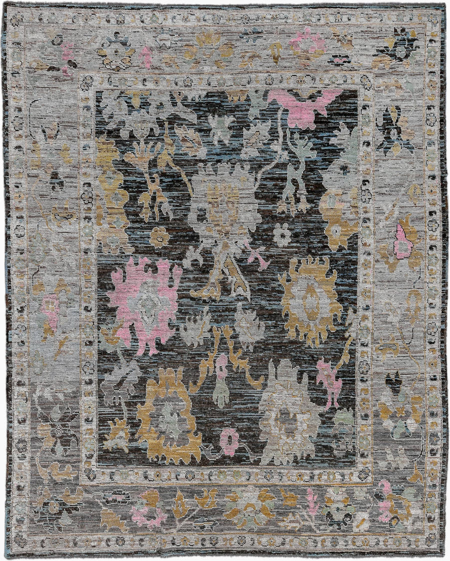 9' x 12' one-of-a-kind handmade vintage Oushak large size rug. Color palette: charcoal, ivory, gold, pink, pale blue, taupe