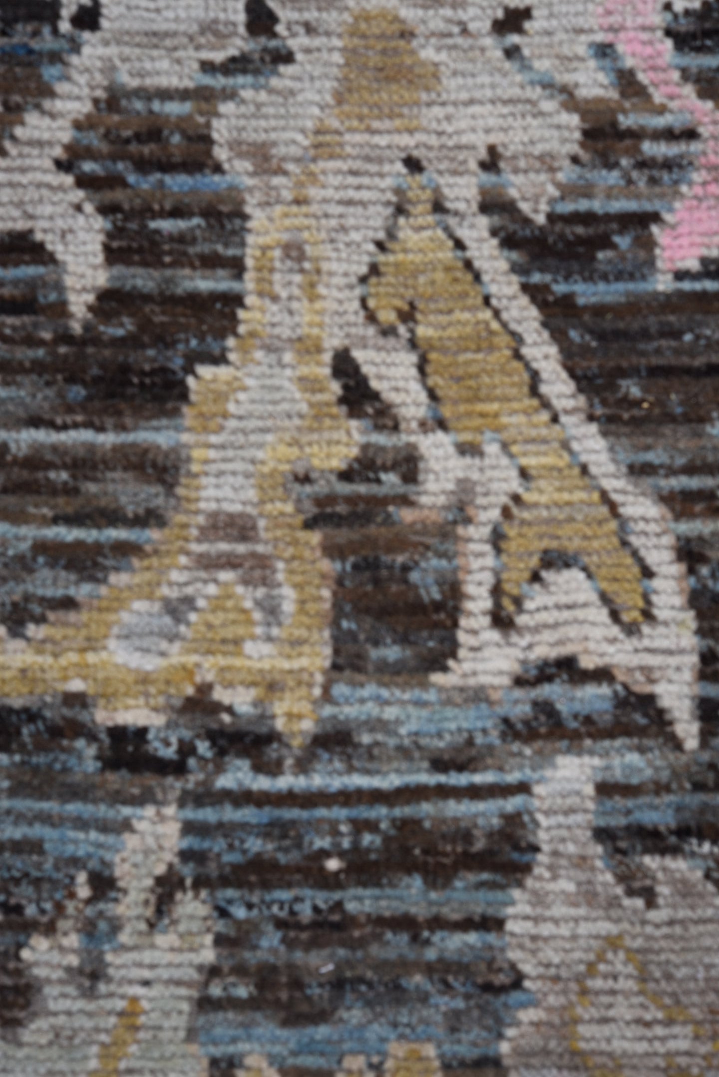 9' x 12' one-of-a-kind handmade vintage Oushak large size rug. Color palette: charcoal, ivory, gold, pink, pale blue, taupe