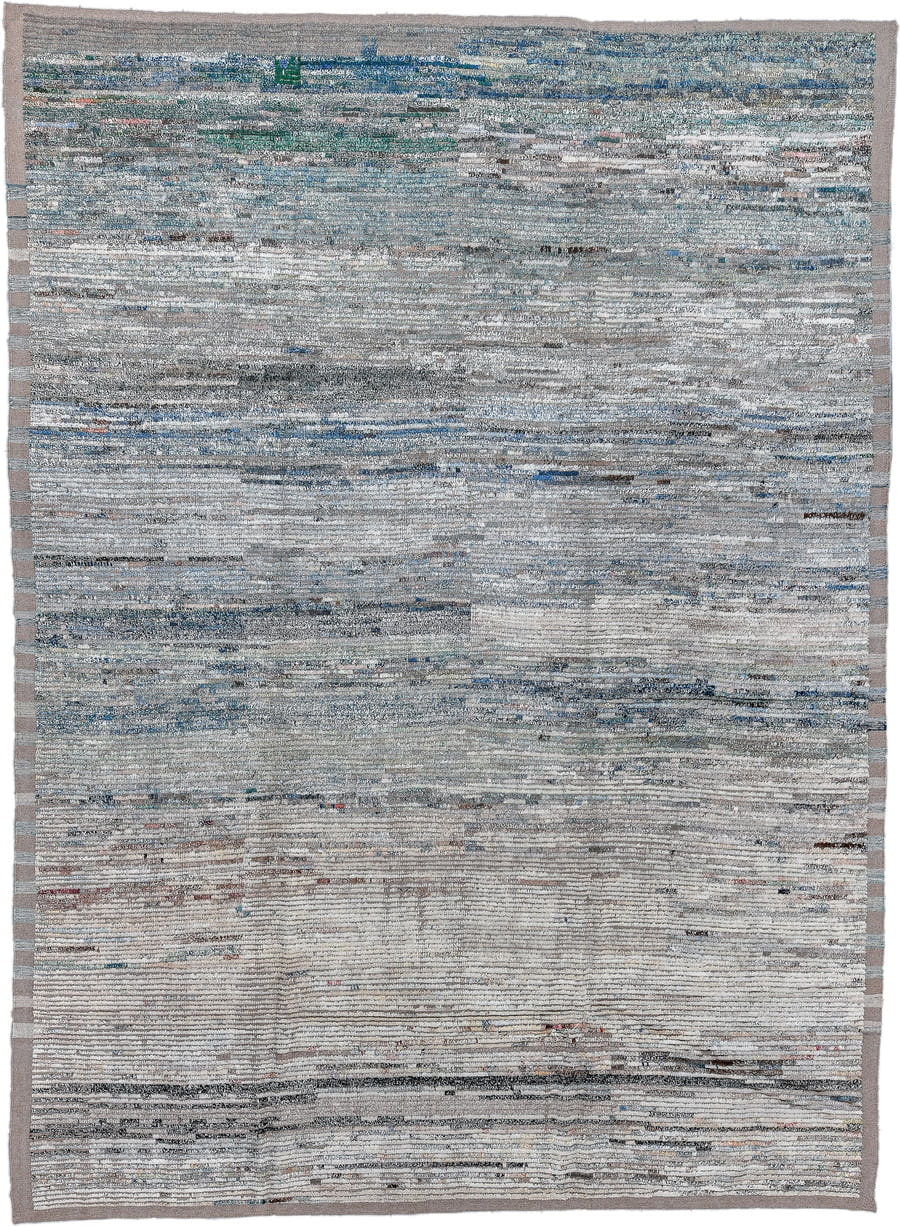 10' x 14' one-of-a-kind handmade vintage Tulu large size rug. Color palette: gray, ivory, slate, blue, taupe, charcoal, sage