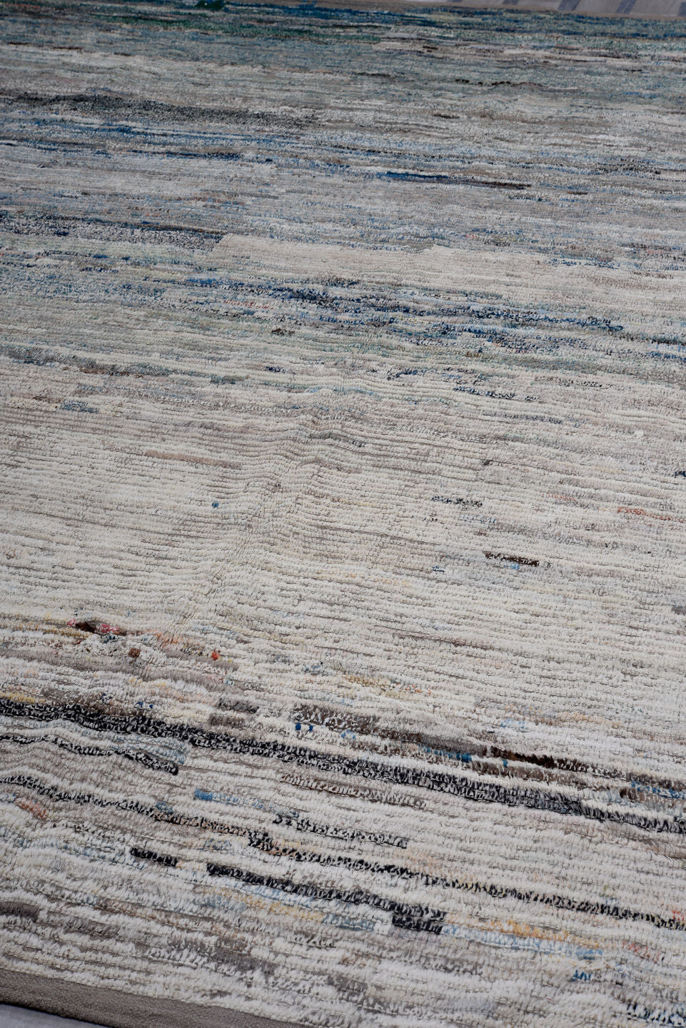 10' x 14' one-of-a-kind handmade vintage Tulu large size rug. Color palette: gray, ivory, slate, blue, taupe, charcoal, sage