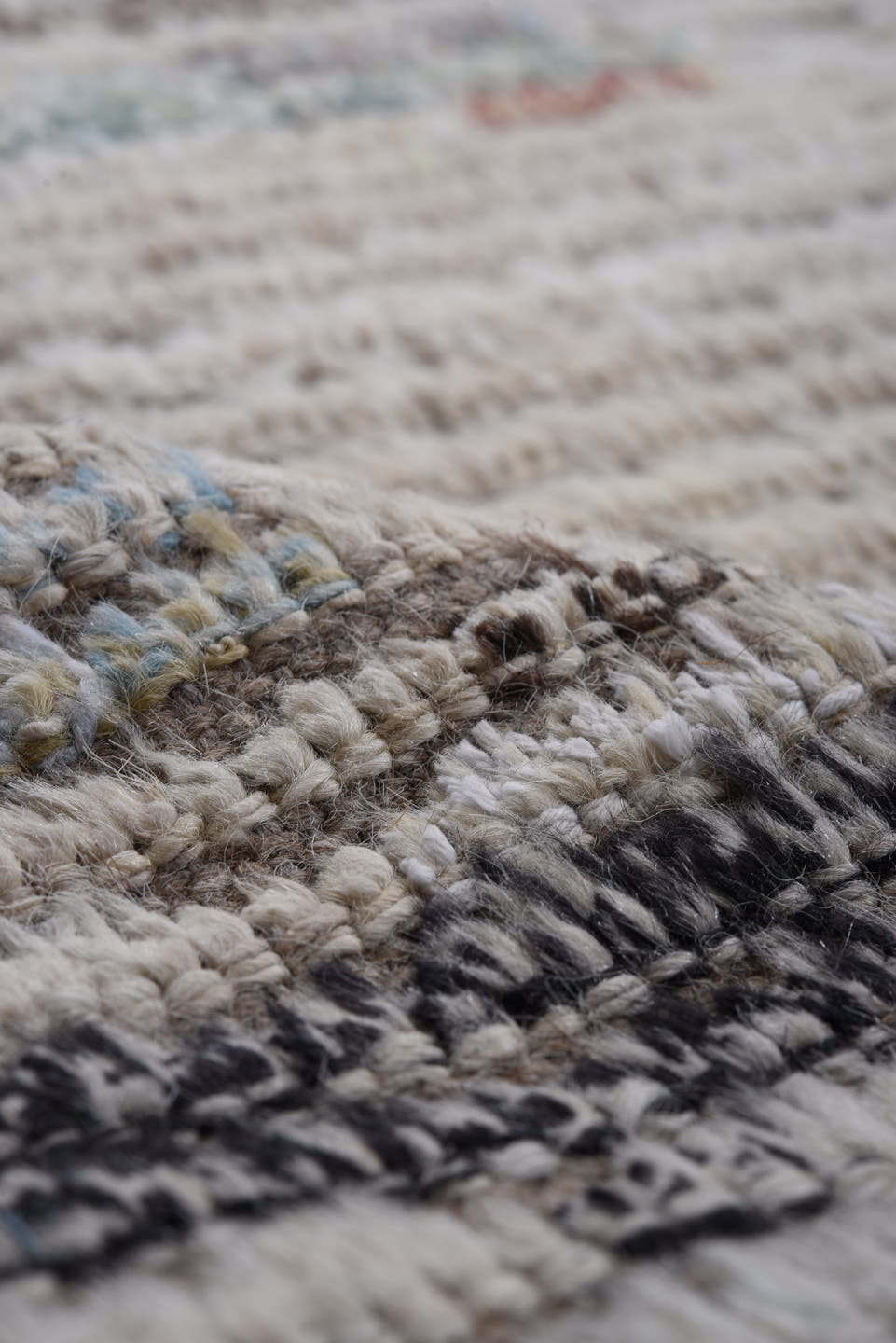 10' x 14' one-of-a-kind handmade vintage Tulu large size rug. Color palette: gray, ivory, slate, blue, taupe, charcoal, sage