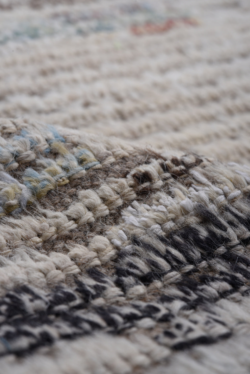 10' x 14' one-of-a-kind handmade vintage Tulu large size rug. Color palette: gray, ivory, slate, blue, taupe, charcoal, sage