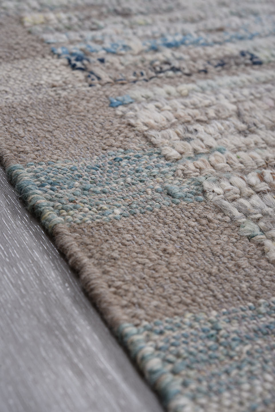 10' x 14' one-of-a-kind handmade vintage Tulu large size rug. Color palette: gray, ivory, slate, blue, taupe, charcoal, sage