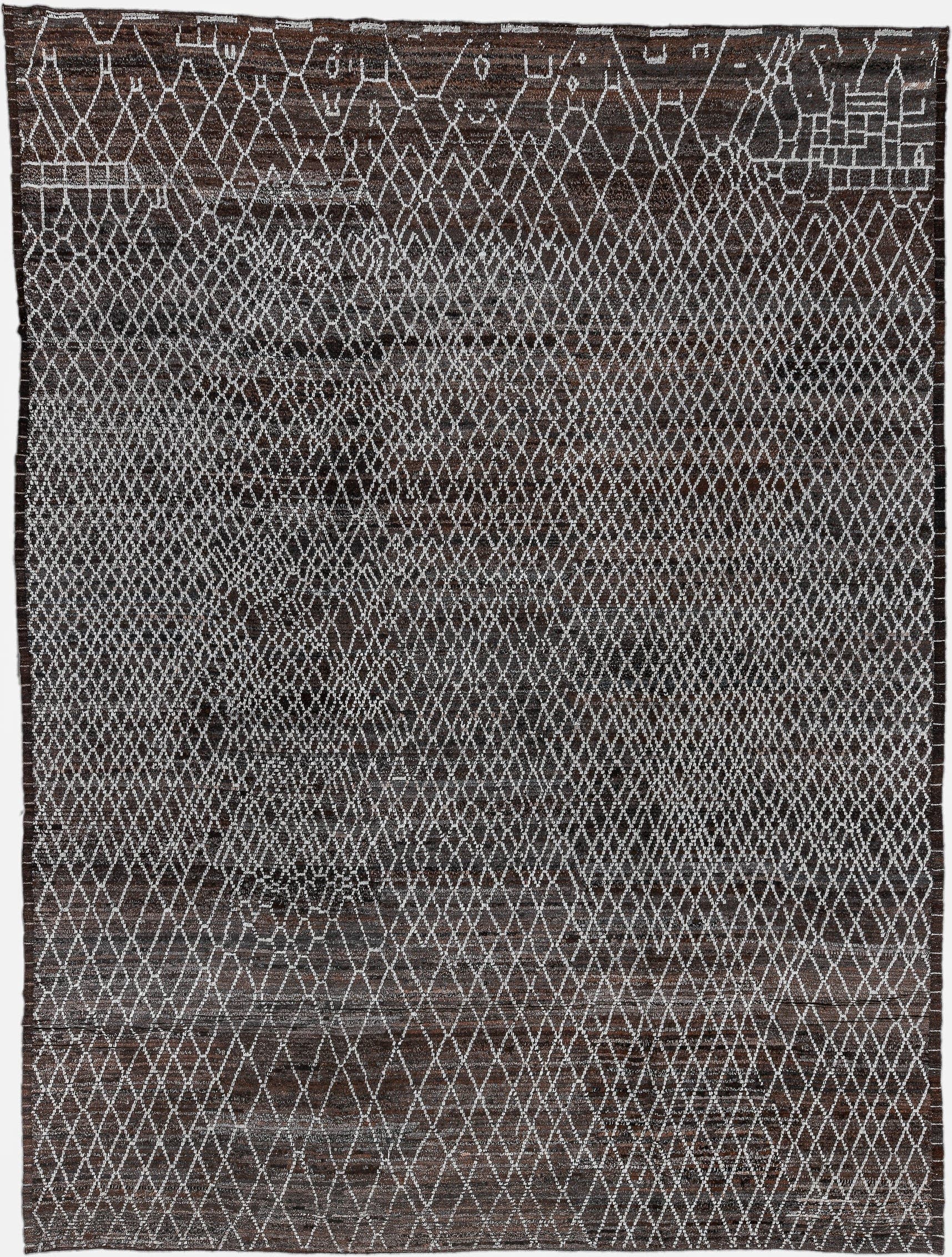 10' x 13' one-of-a-kind handmade vintage Tulu large size rug. Color palette: brown, ivory, charcoal, taupe, gray, black